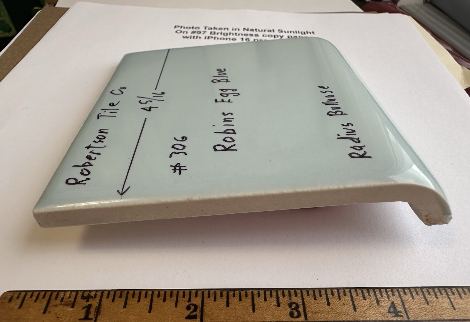 1 pc. Robin’s Egg Blue: 4-5/16″ Gloss Ceramic Radius Bullnose Tile by Robertson