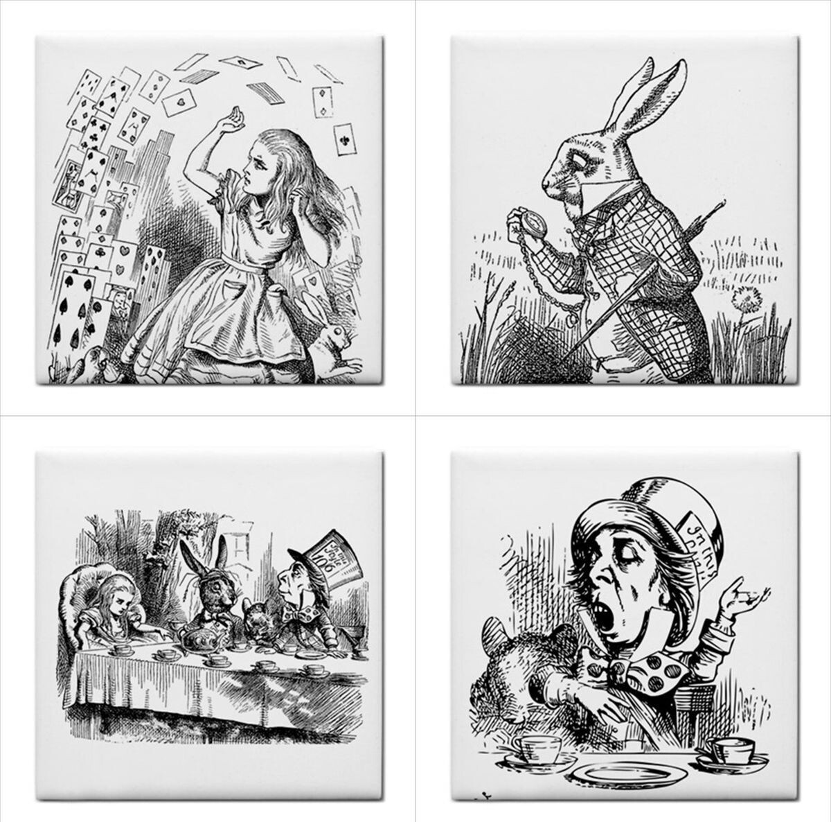 Alice In Wonderland Ceramic Tiles Black And White Backsplash 16 Tile Set