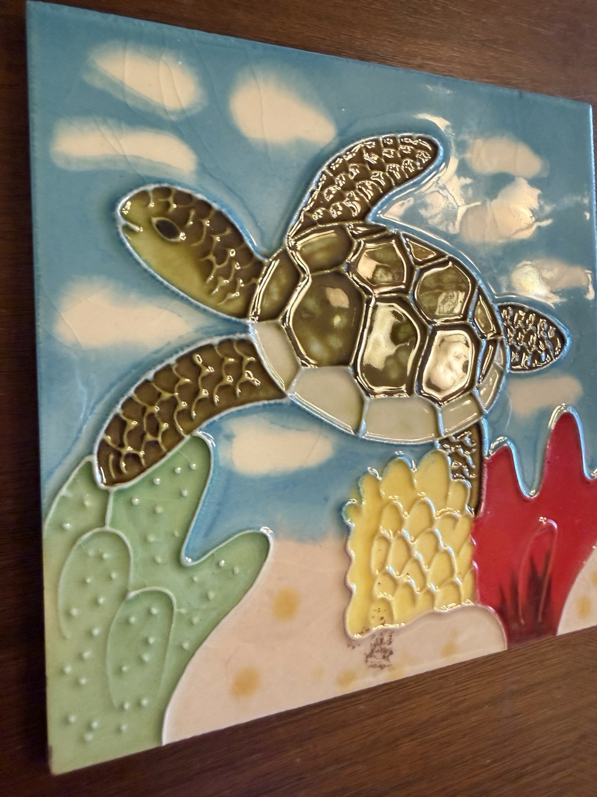 Sea Turtle Swimming in Coral Seaweed Coastal 6 X 6 Square Ceramic Tile Scene