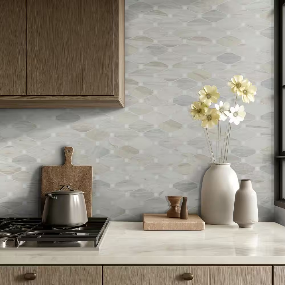 Angora Elongated Octagon 12 In. X 13 In. X 0.38 In. Polished Marble Mesh-Mounted