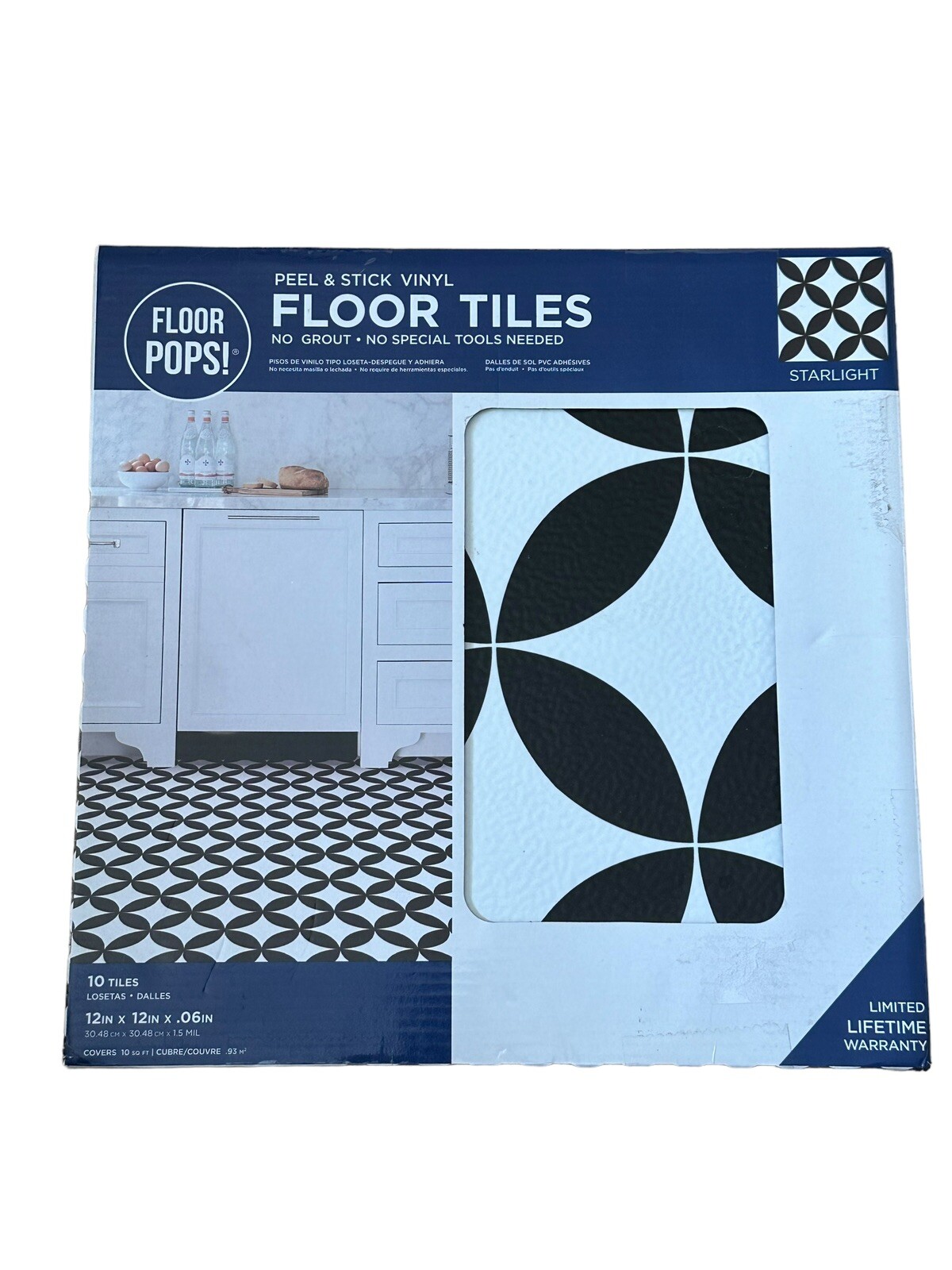 Floor Pops! Peel & Stick Floor Tiles Starlight Black White 10 Tiles 12 X 12 NEW