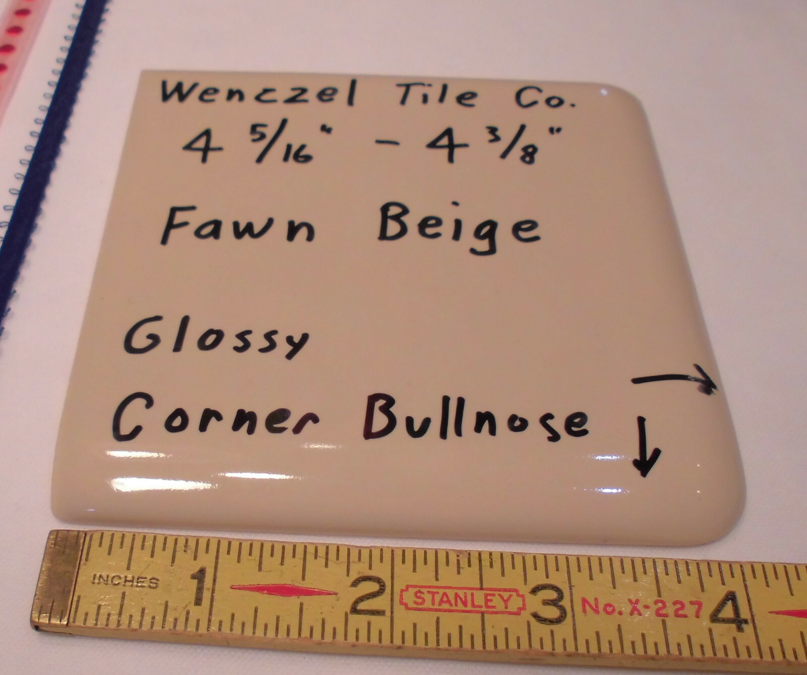 1 pc. Fawn Beige: Gloss Ceramic Corner Bullnose Tile by Wenczel Tile 4-5/16″