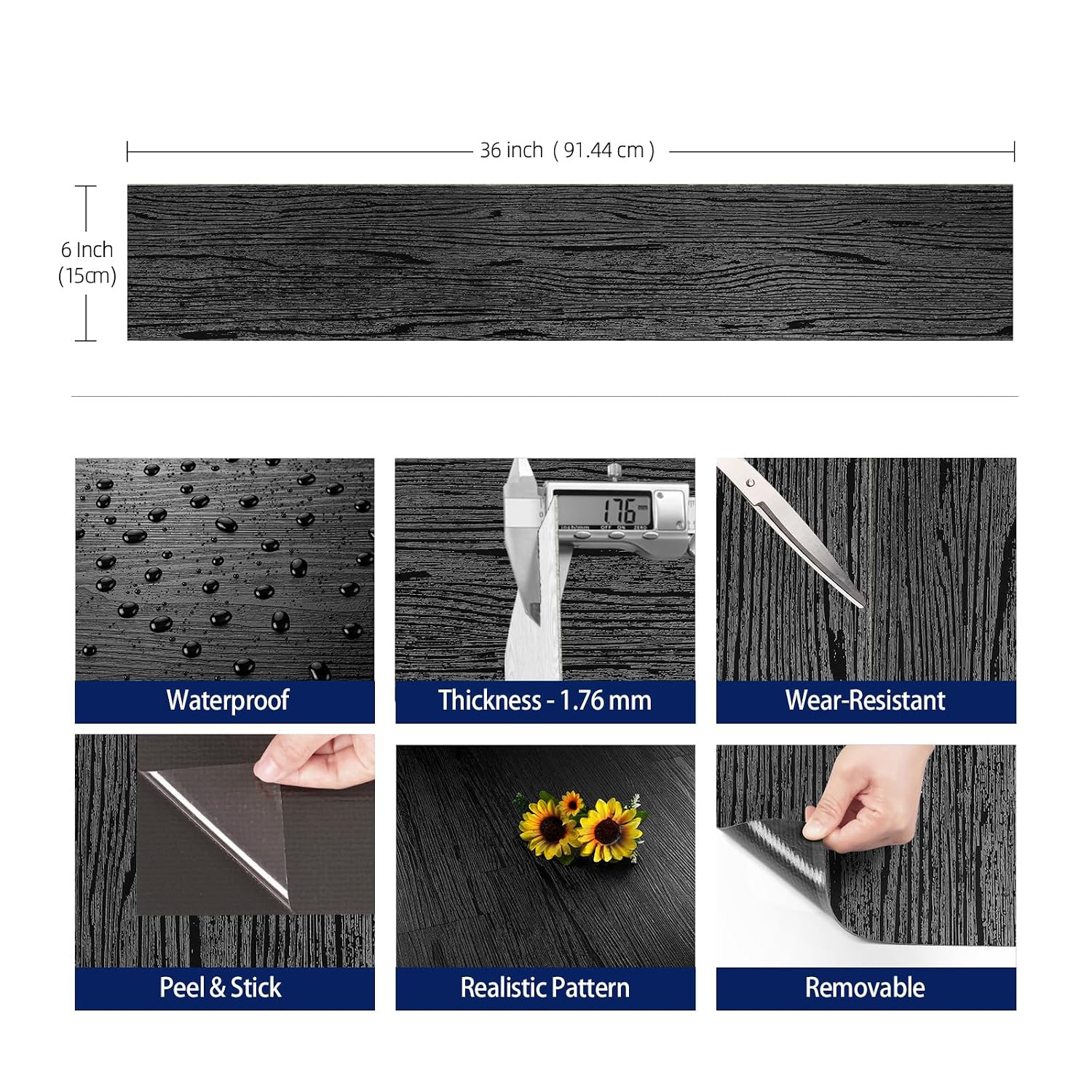 35-Pack 6″X36″ Black Wood Peel and Stick Floor Tile Waterproof Vinyl Flooring Pl