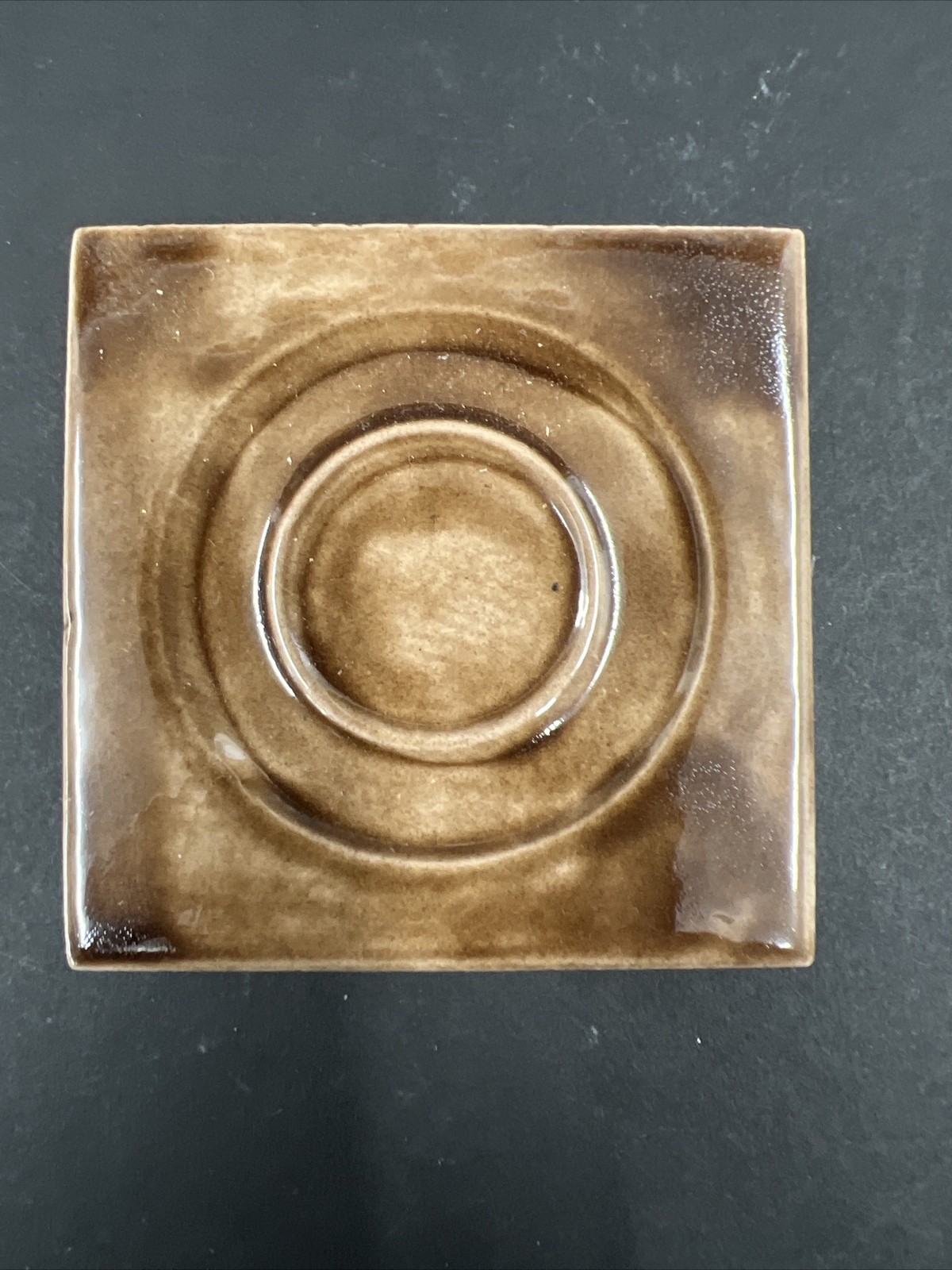 5 – Vintage Brown Ceramic Tile 2 7/8” Square 3/8” Thick Recessed Circles