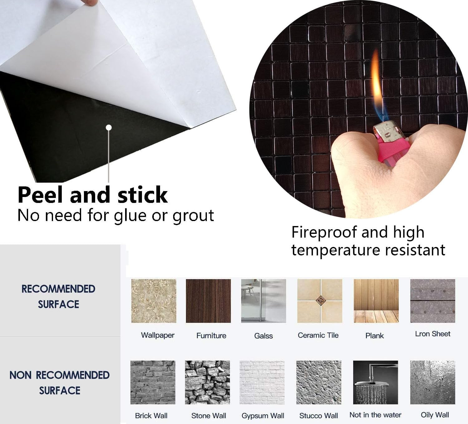 Black Aluminum Mosaic Peel & Stick Backsplash Tiles – 10 Sheets 11.41″x11.41