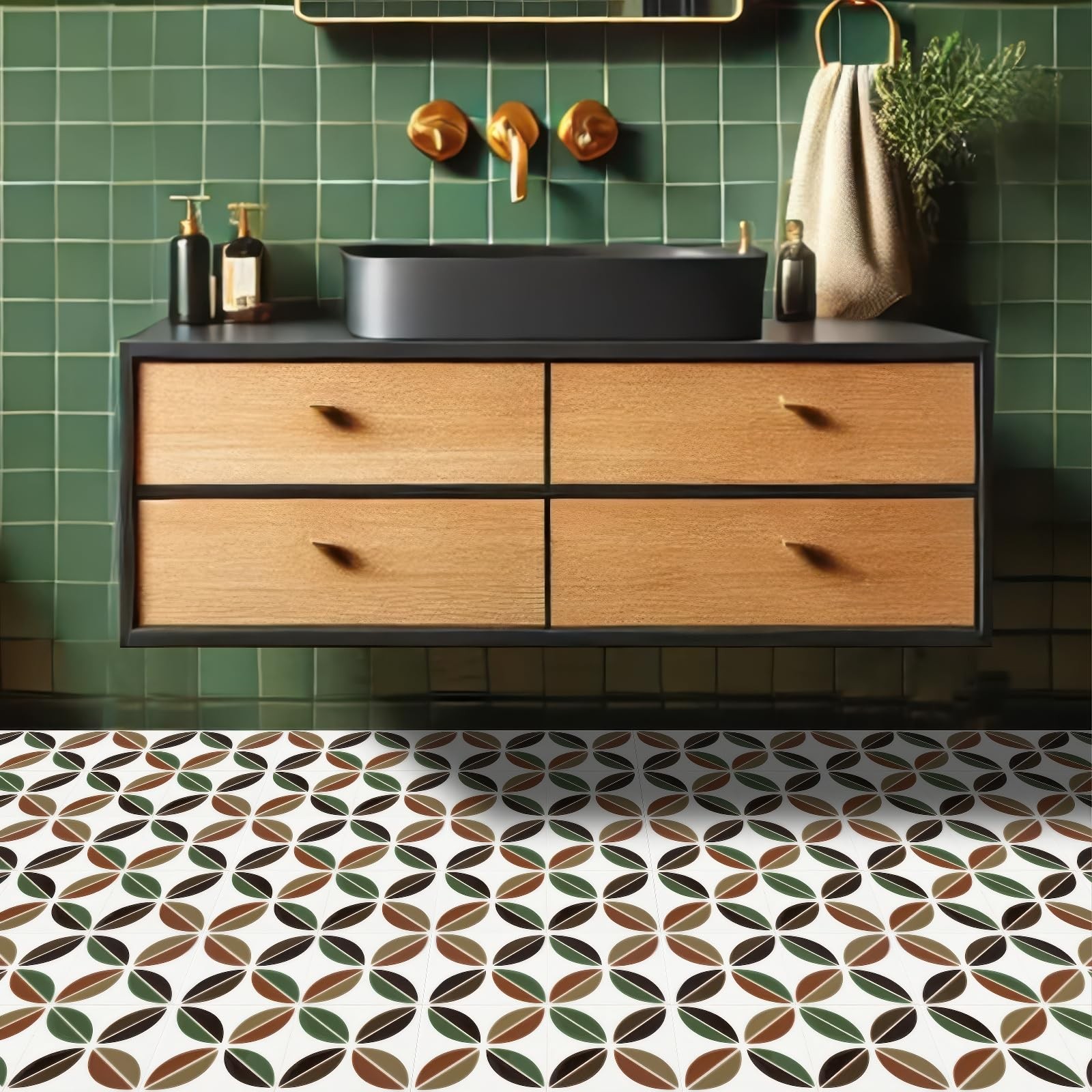 10PCS 12×12 Inch Retro Mid-Century Leaf Motif Floor Tiles Peel and Stick Remo…