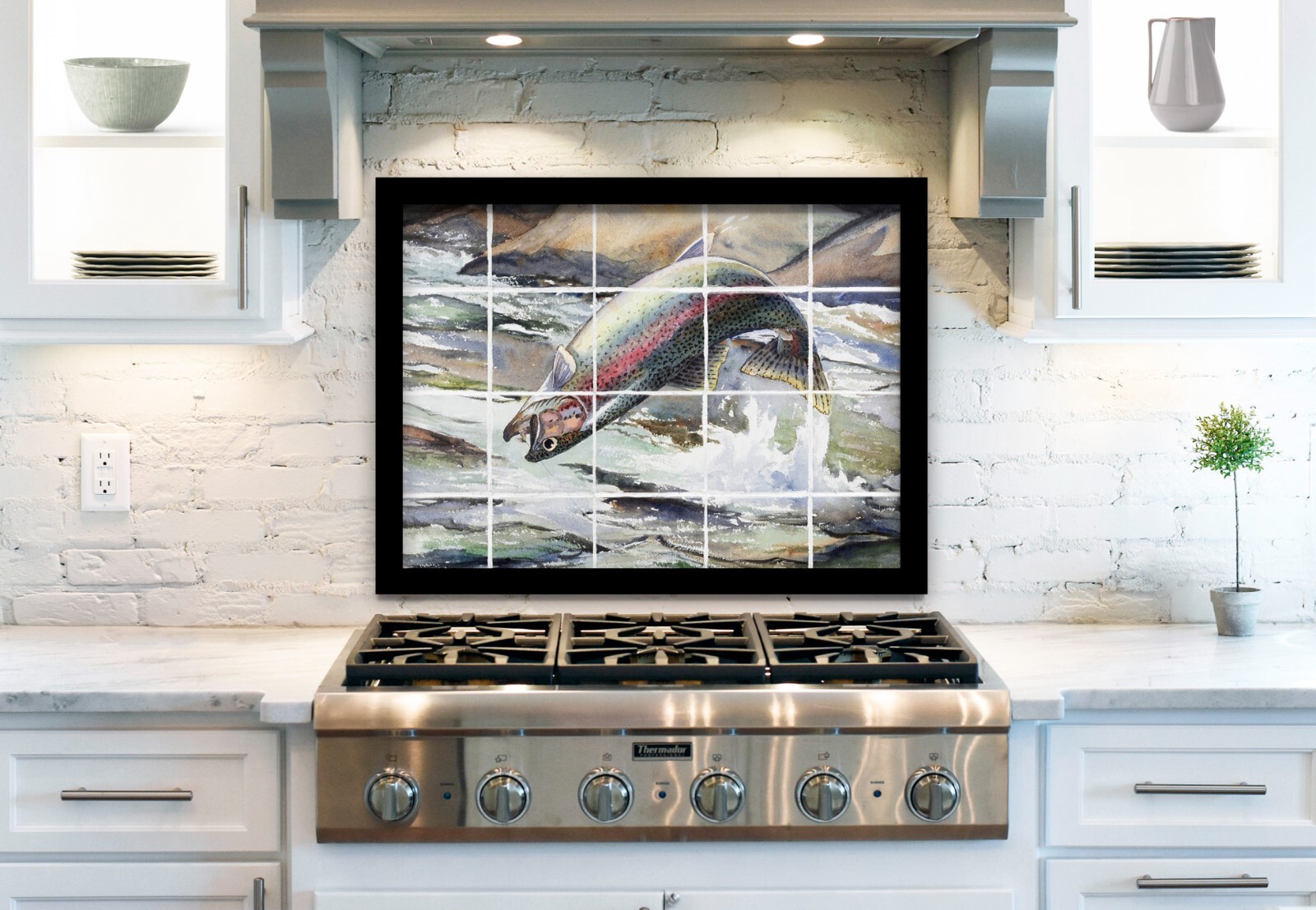 ready to hang ceramic tile mural backsplash. Leaping Rainbow Trout, fishing