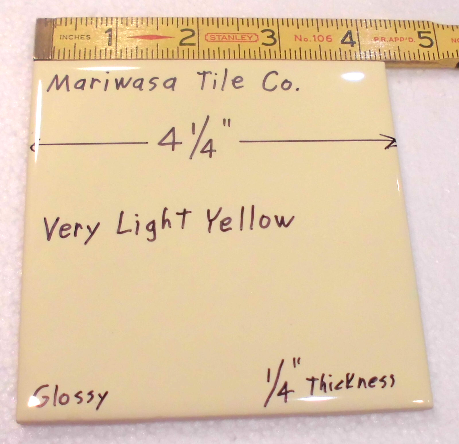 1 pc. Very Light Yellow: 4-1/4″ Glossy Ceramic Tile, 1/4″ Thick, by Mariwasa Co.