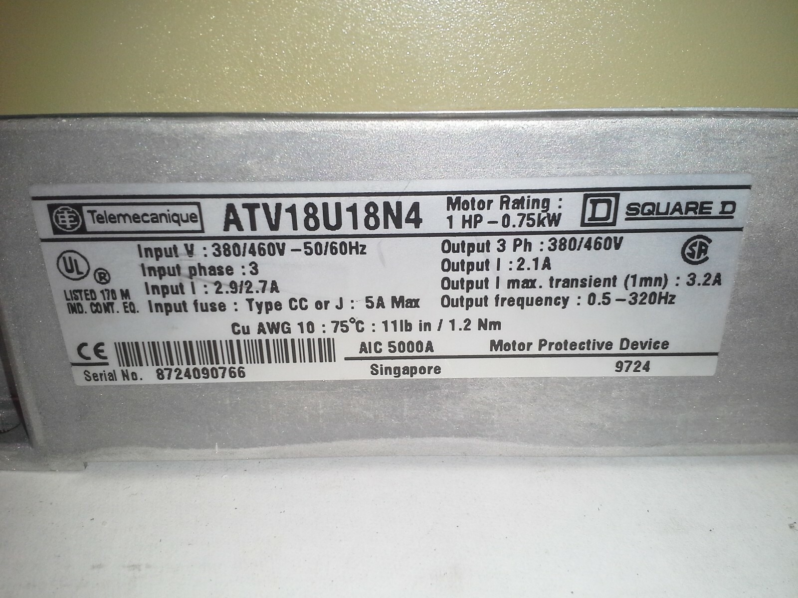 SQUARE D ATV18U18N4 1HP .75KW VFD MOTOR DRIVE FREQUENCY CHANGER TELEMECANIQUE