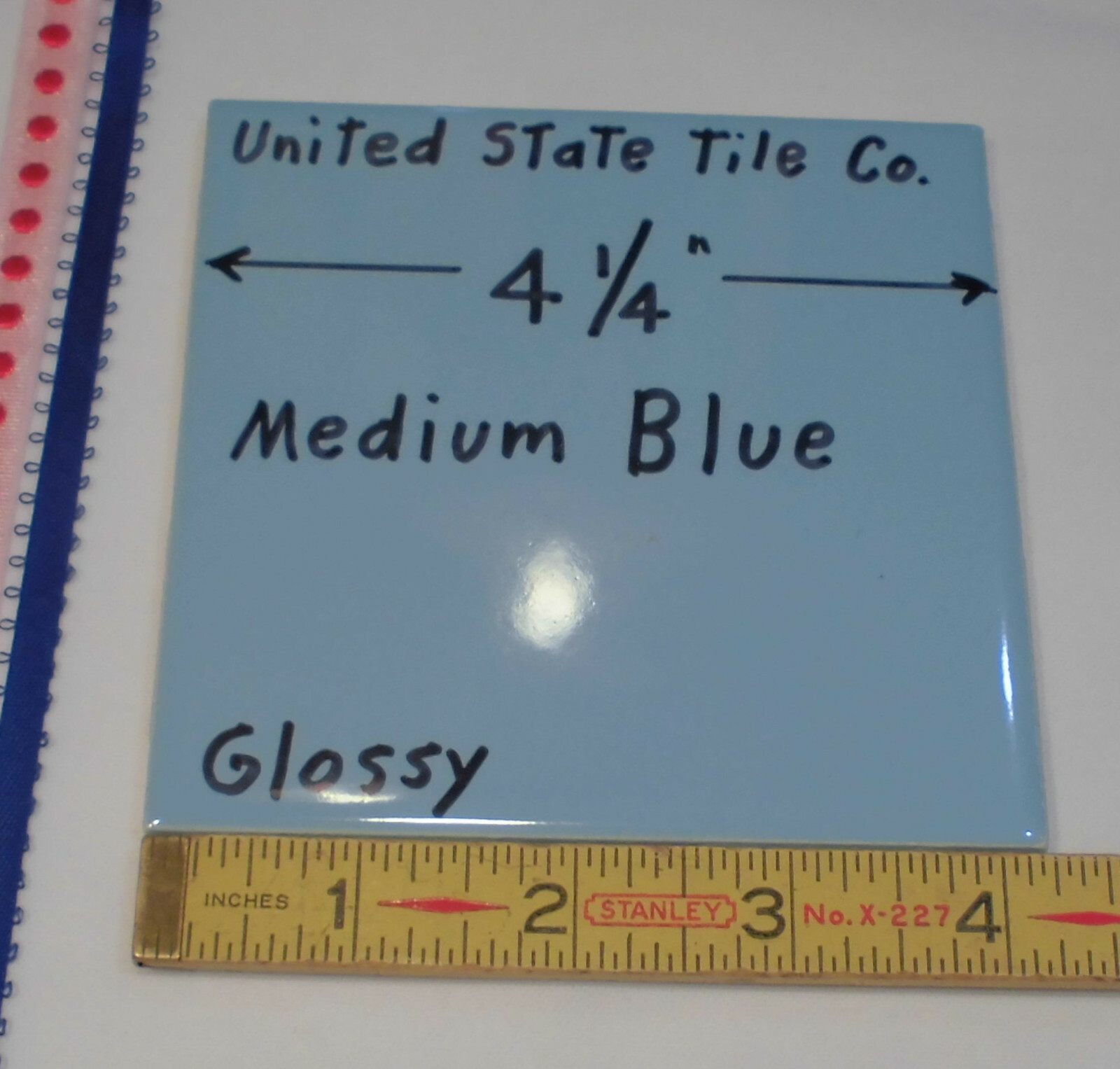 1 pc. Medium Blue 4-1/4″ Glossy Ceramic Tile; United States Tile Co. Made 1990’s