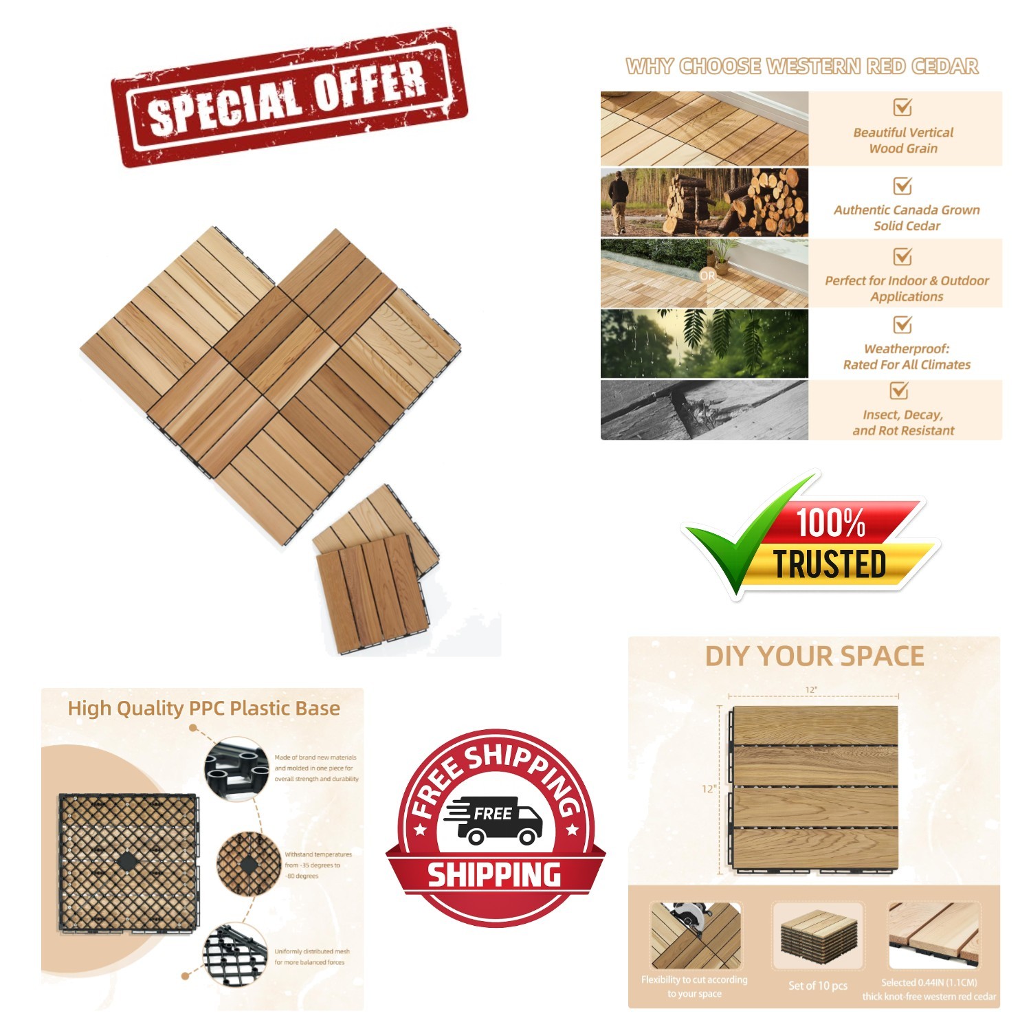 Comfortable Cedar Interlocking Floor Tiles – 10 Pcs for Saunas & Outdoor Spaces