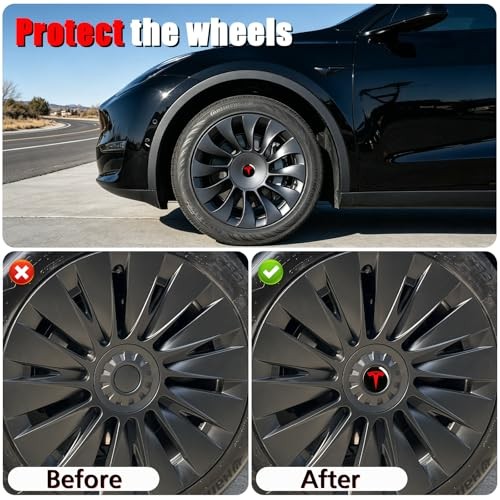 4 PCS Wheel Center Hub Cap Sticker for Model 3 / Model Y, Glossy Black & Red