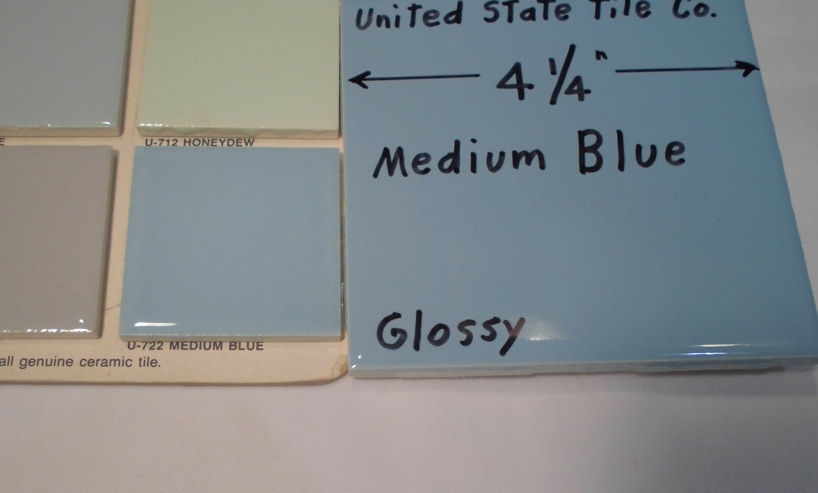 1 pc. Medium Blue 4-1/4″ Glossy Ceramic Tile; United States Tile Co. Made 1990’s