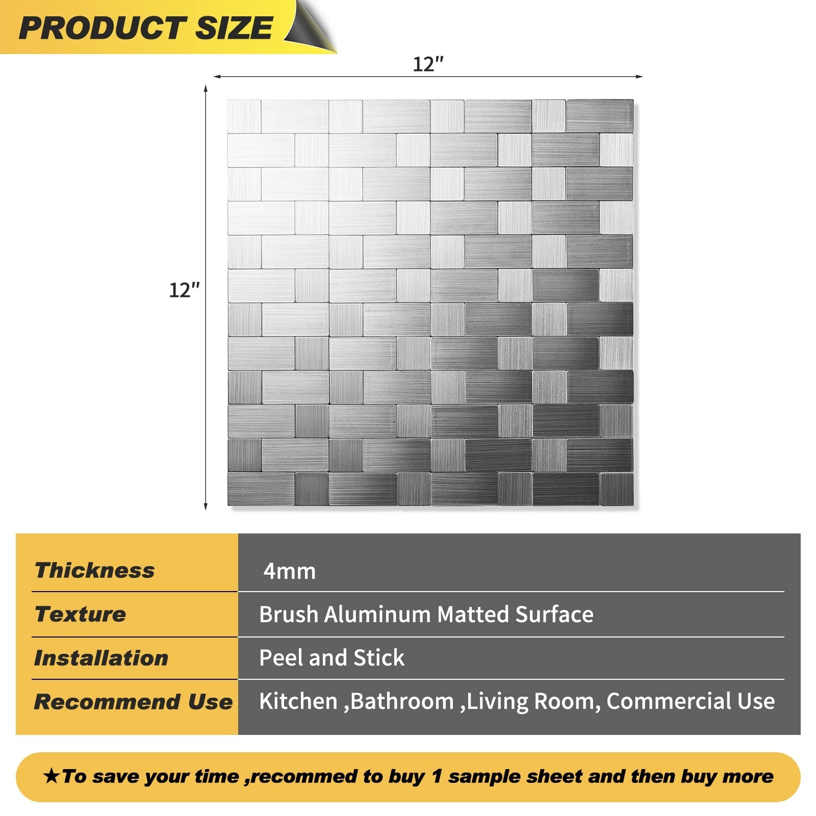 10-Sheet Peel and Stick Kitchen Backsplash, Stainless Steel Metal Tiles, 12″x12