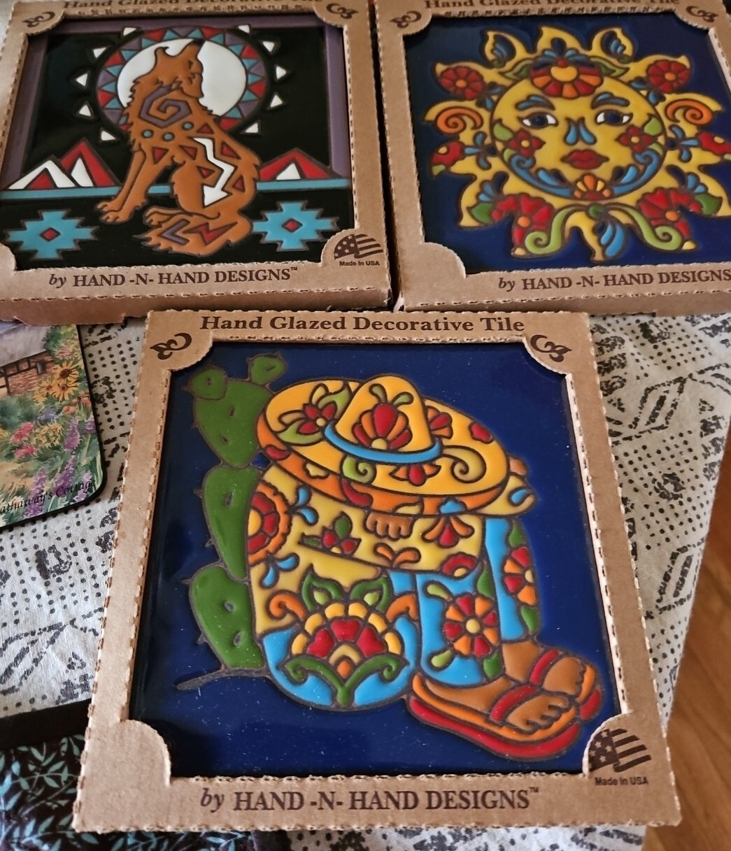 Set Of 3 Hand N Hand Designs USA Hand Glazed Decorative Tiles 6″x6″ NEW