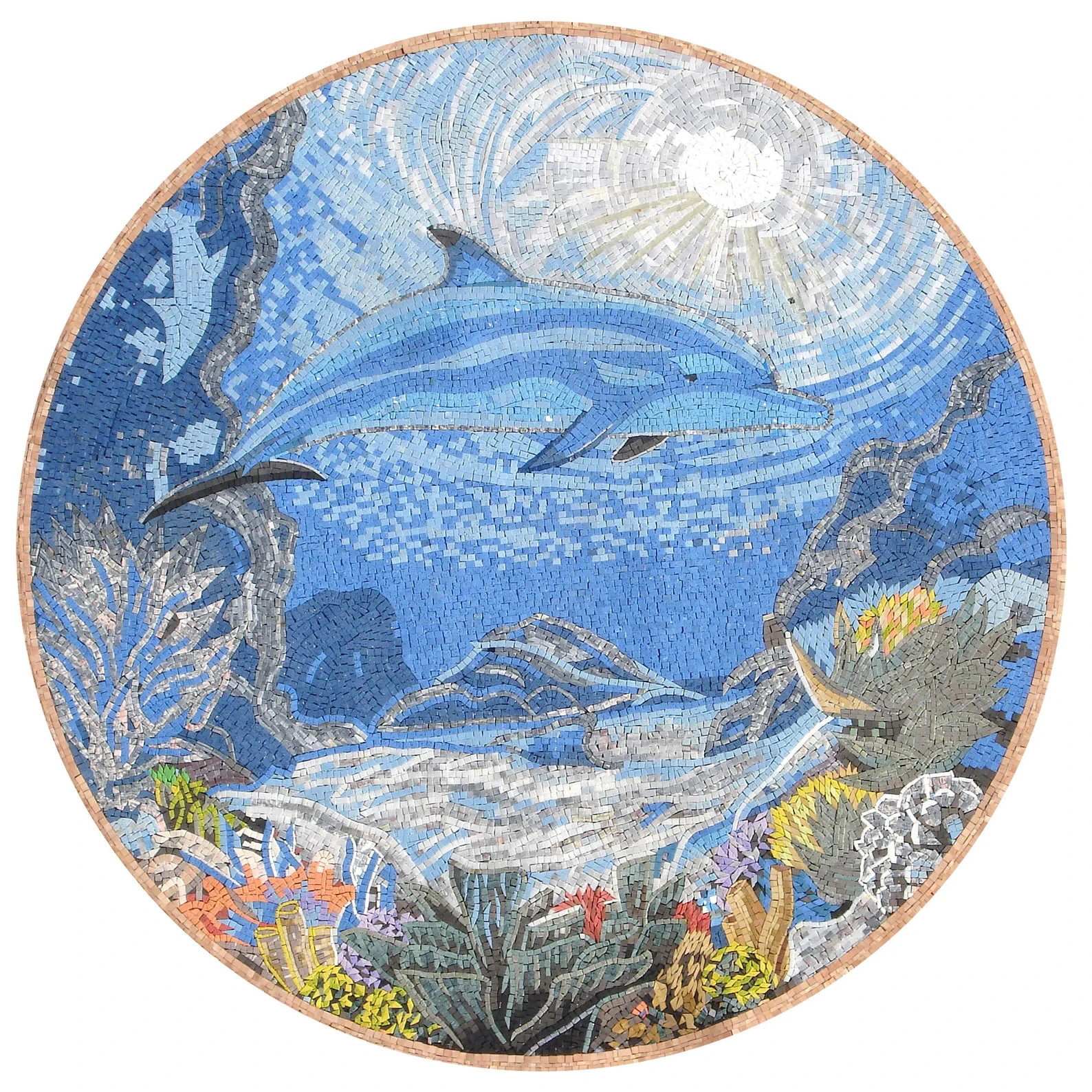 Breathtaking 72″ Handmade Sealife Dolphin Marble Mosaic Pool Medallion Art