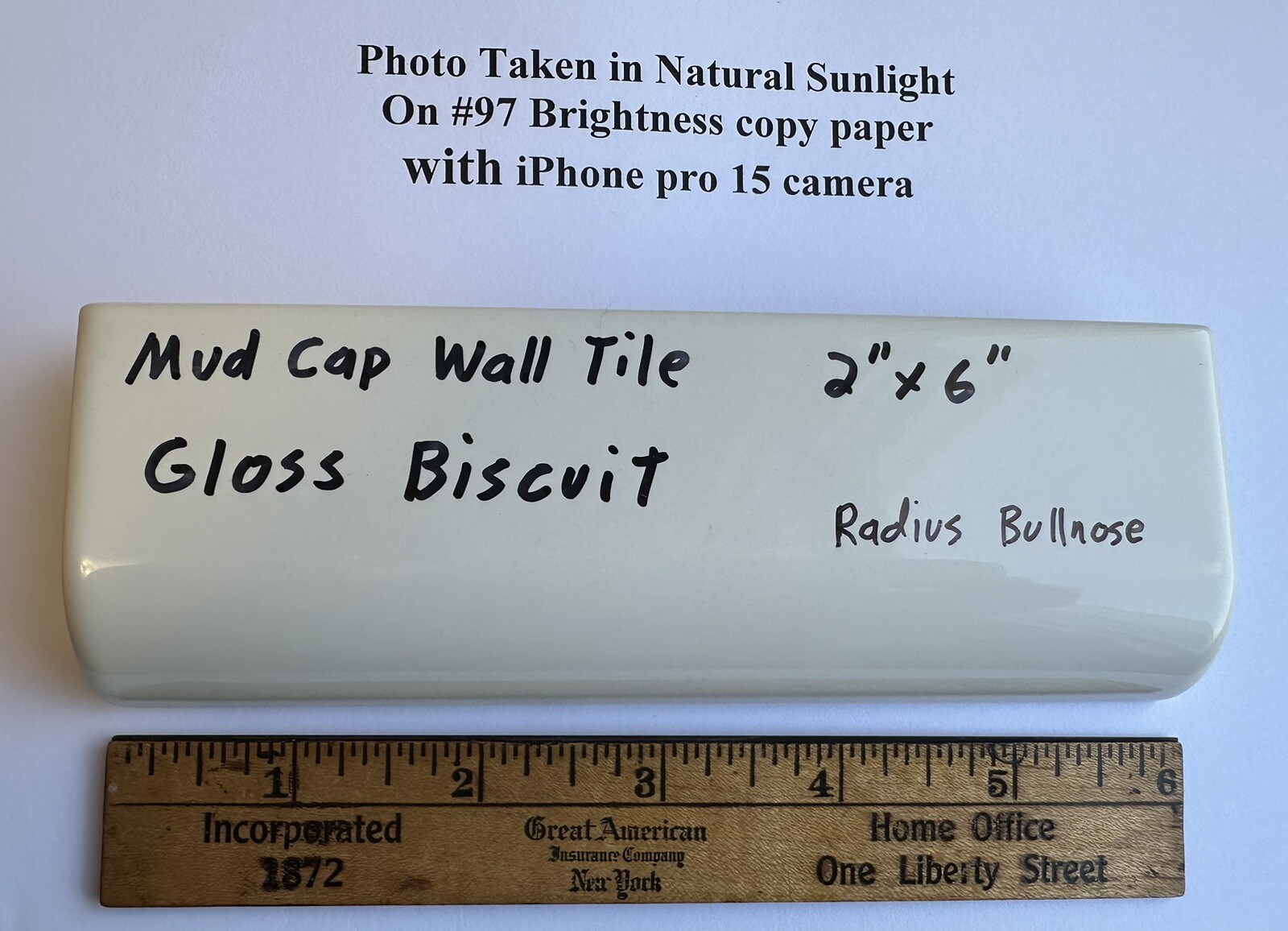 1 pc. Gloss Biscuit: 2″ X 6″ X 3/4″ Ceramic Radius Bullnose Tiles, Mud Caps, New