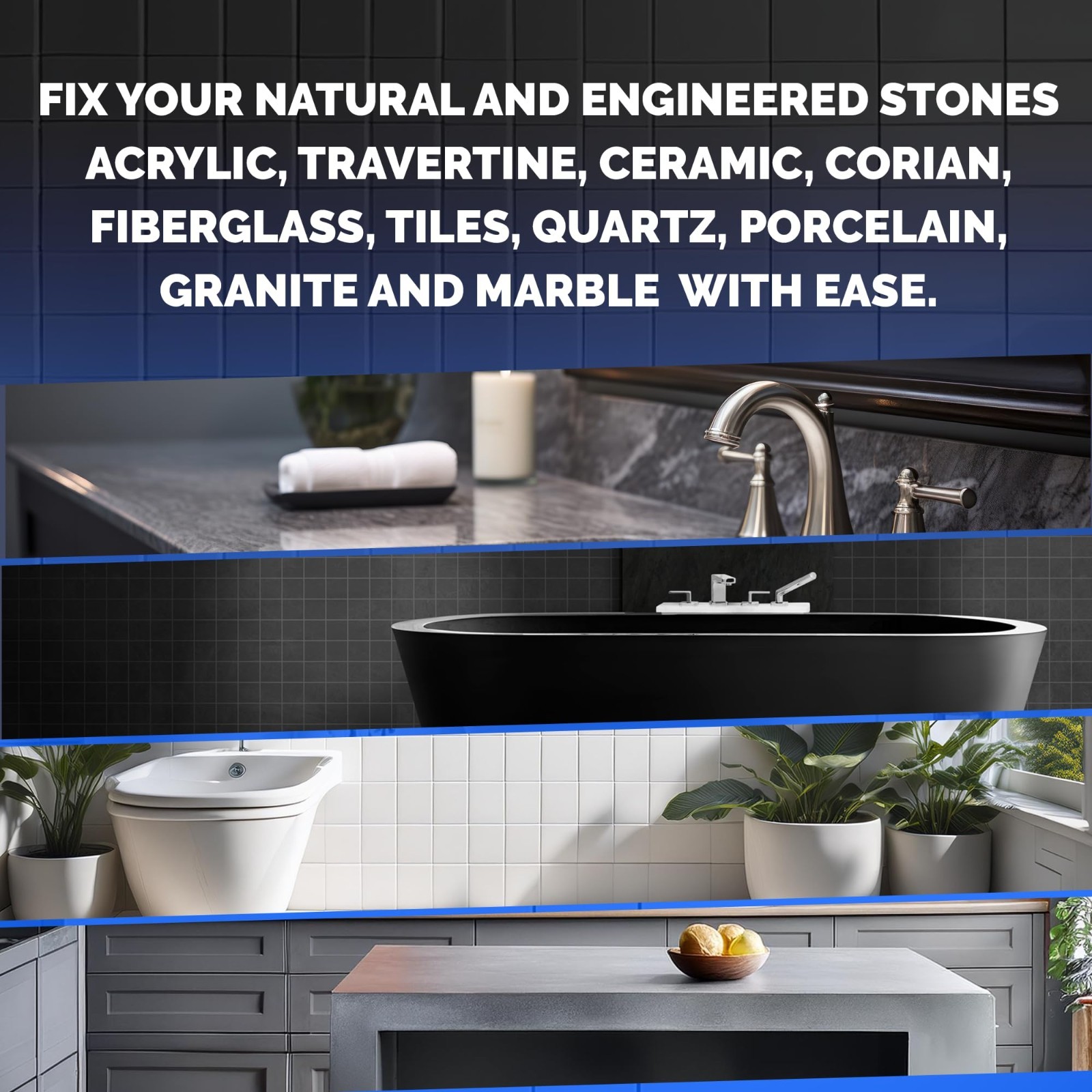 Granite Marble Porcelain Repair Kit – Clear Black Acrylic for Countertops Tiles