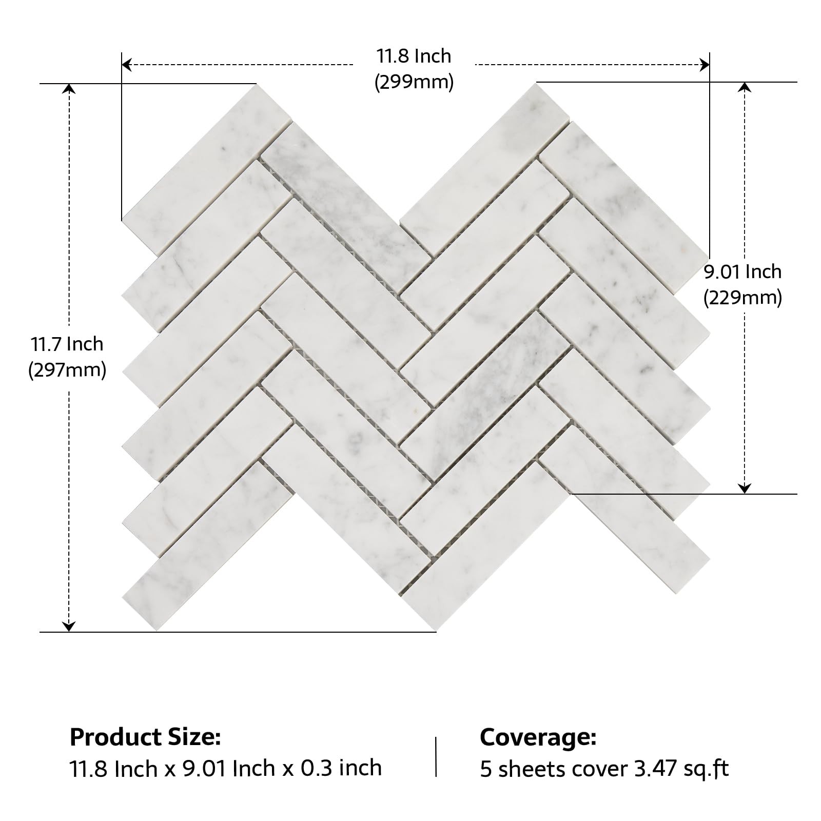 Soulscrafts White Carrara Marble Mosaic Tile, Marble Tile 1×3 Herringbone Pol…