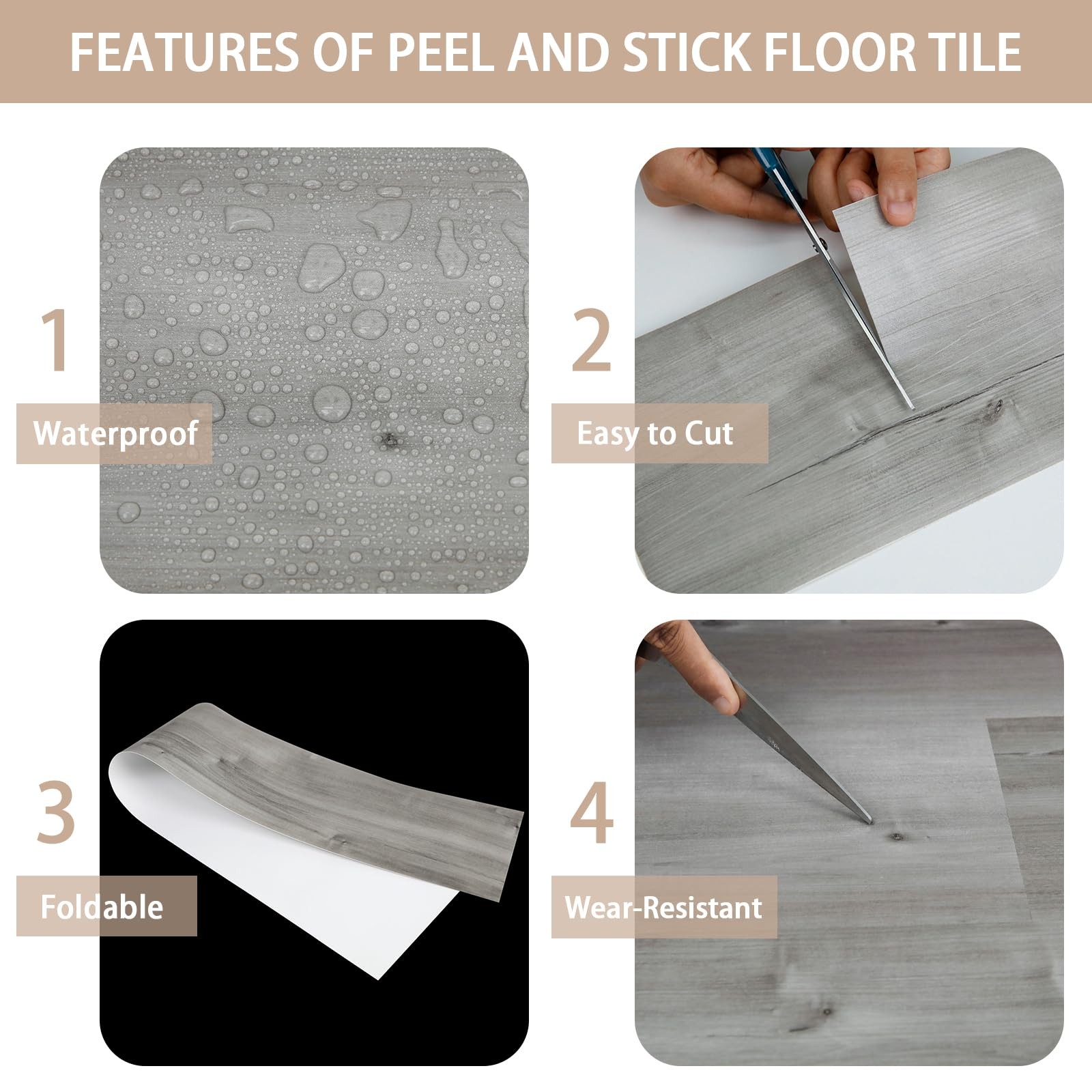 Peel Stick Floor Tile 10 Pack 15 Sq.Ft Natural Grey Wood Grain Vinyl Flooring