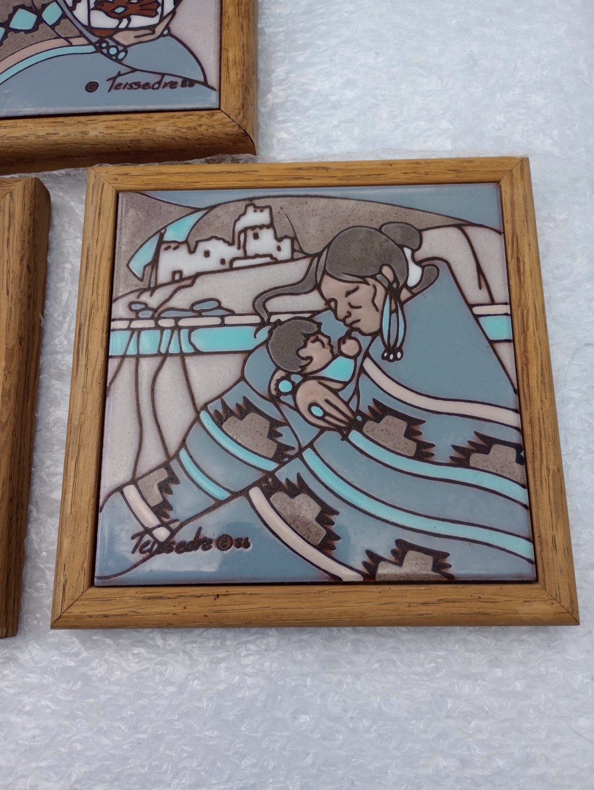 Vintage Cleo Teissedre Tiles Framed Trivets Wall Art Native American