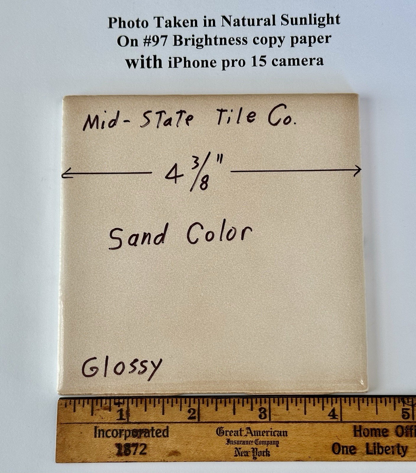 1 pc. Sand Color – Light Brown: Glossy Ceramic Tile 4-3/8″ by Mid-State: Smooth