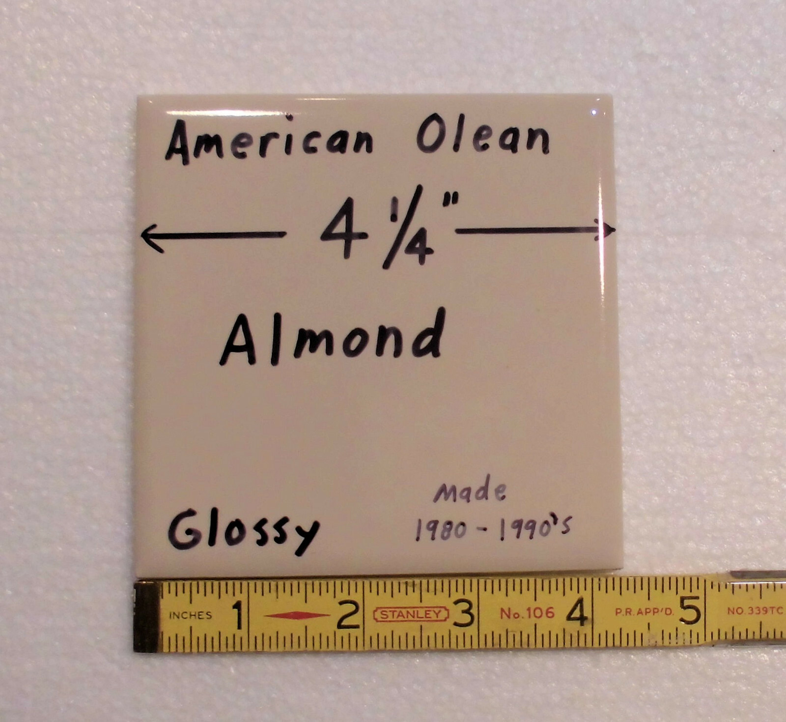 1 pc. Vintage Almond: 4-1/4″ Ceramic Tile by American Olean Co. New Old Stock