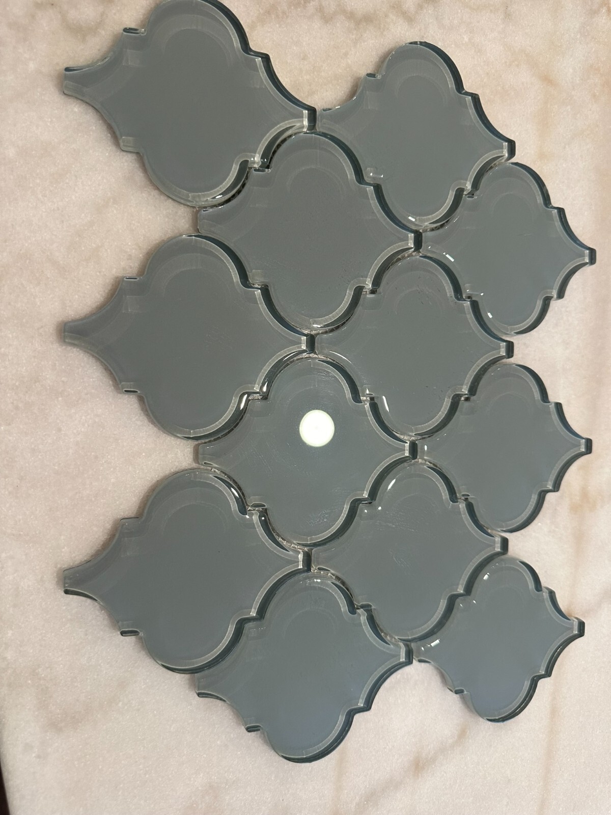 Gray Arabesque Glossy Glass Mosaic 9″x13″ Offset