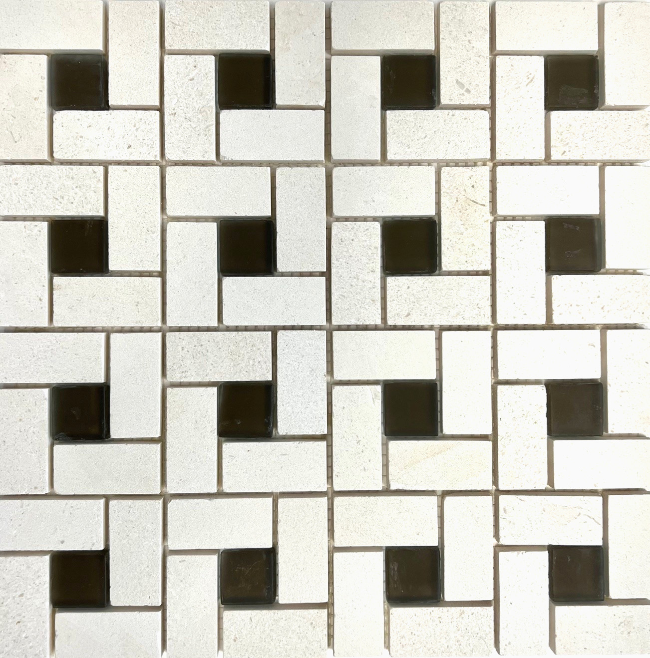 1X2 Pinwheel Vanilla Limestone with Chocolate frosted glass Mosaic Wall Tile