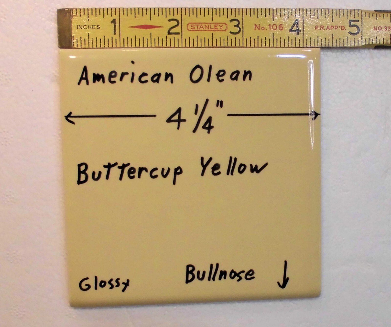 1 pc. Buttercup Yellow: 4-1/4″ Glossy BULLNOSE Ceramic Tile: American Olean, NOS
