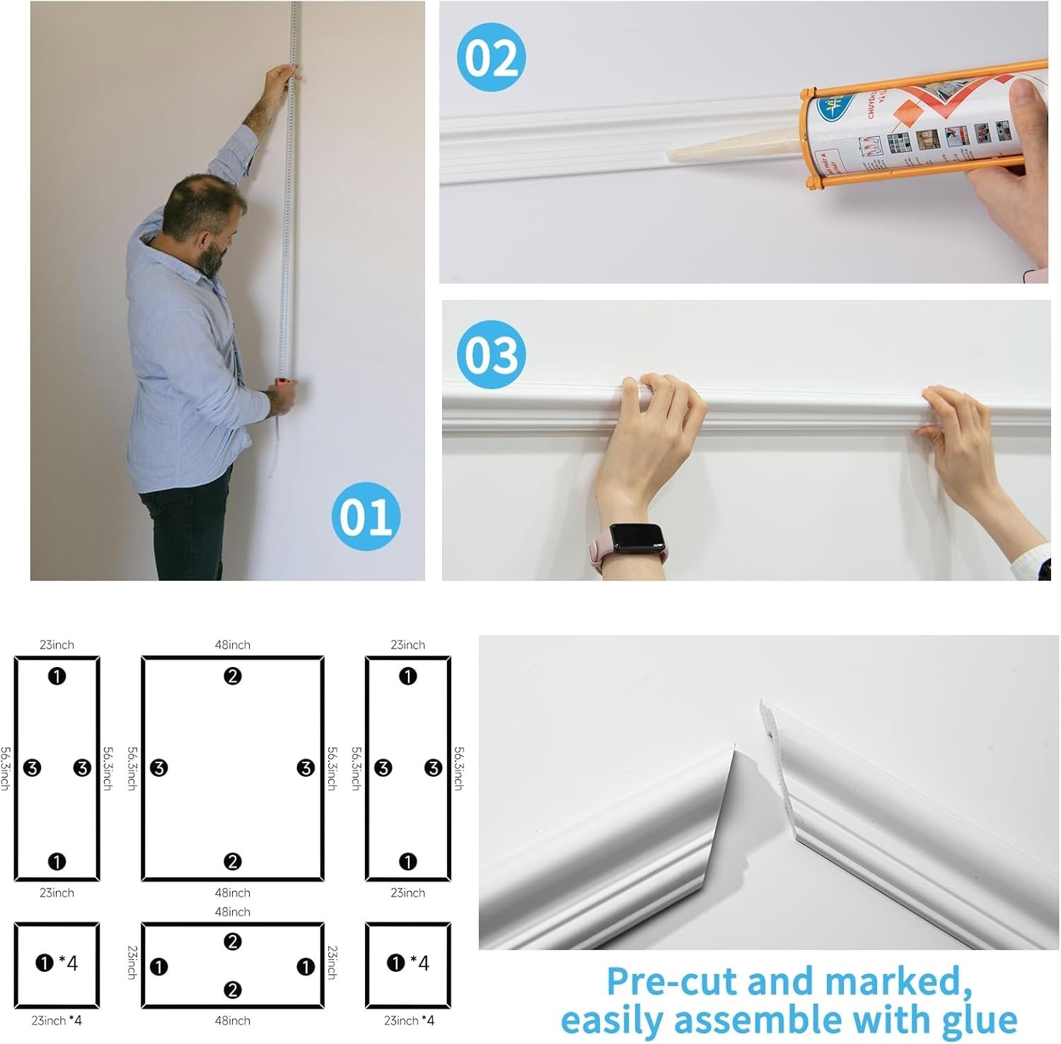 Pre-Cut Wall Molding Set of 6 pcs, Ready-to-Assemble Wainscoting Panels for I…