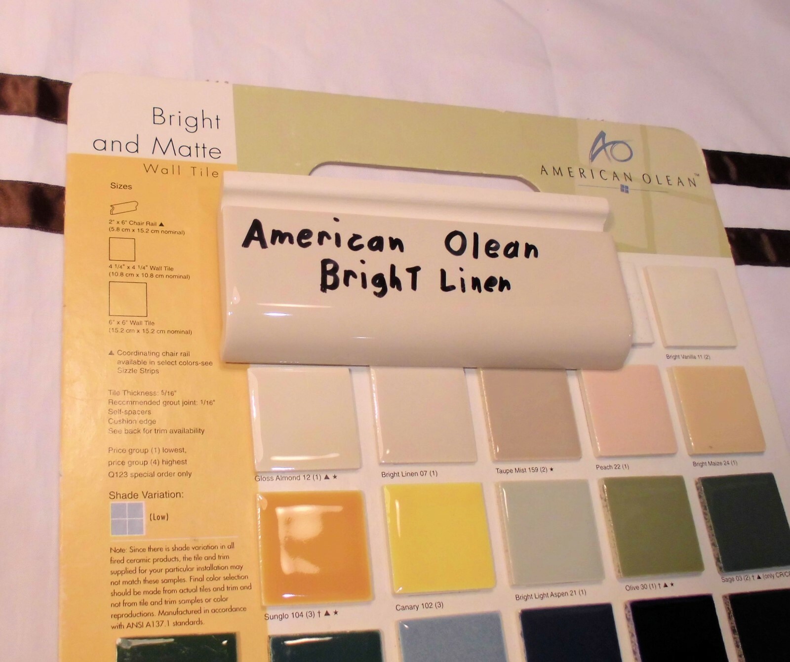 1 pc. *Bright Linen* Ceramic Radius Bullnose Tile by American Olean Co. NEW 6″