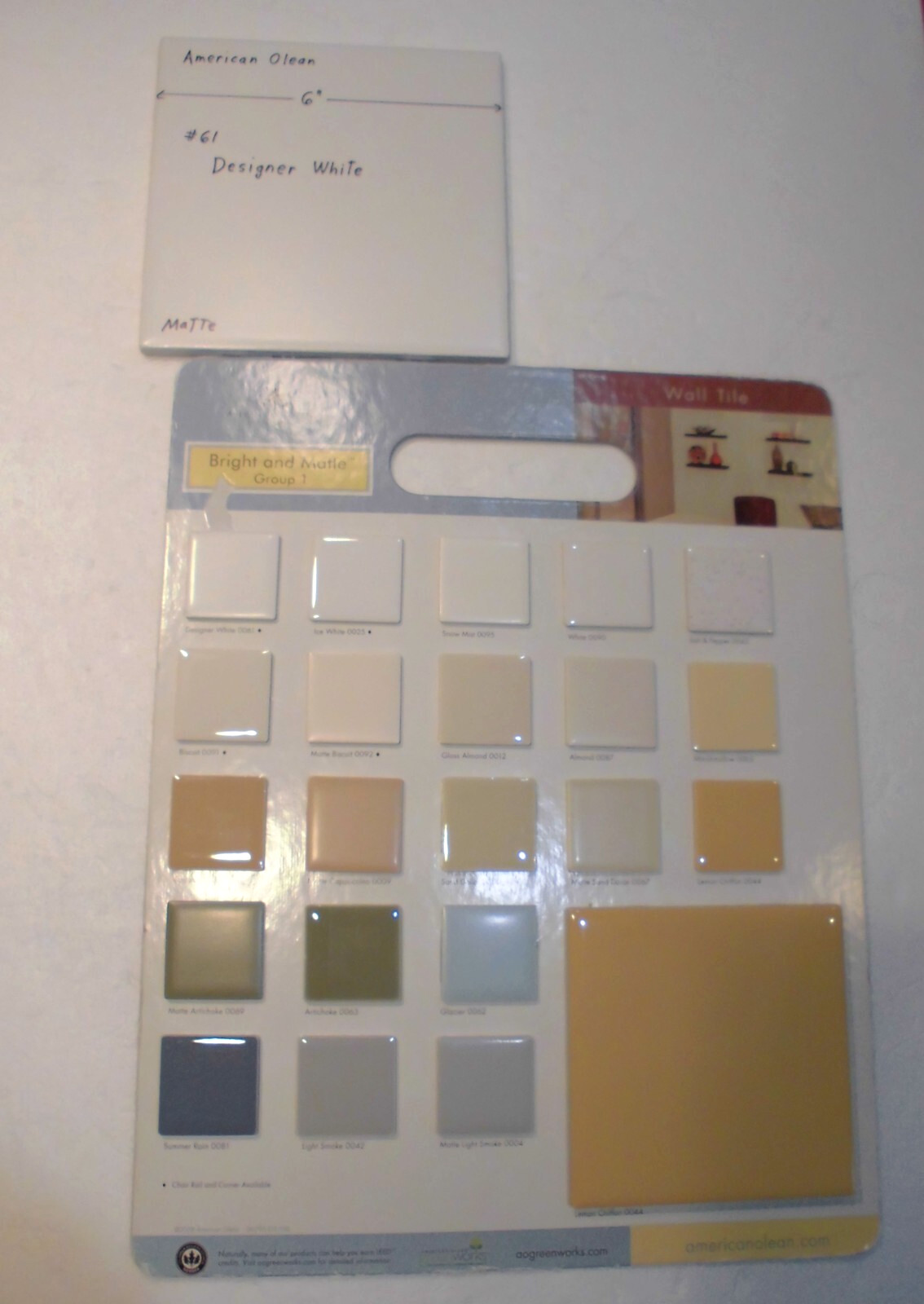 1 pc. *Matte Designer White* #61 by American Olean 6″ X 6″ Ceramic Tile: NEW