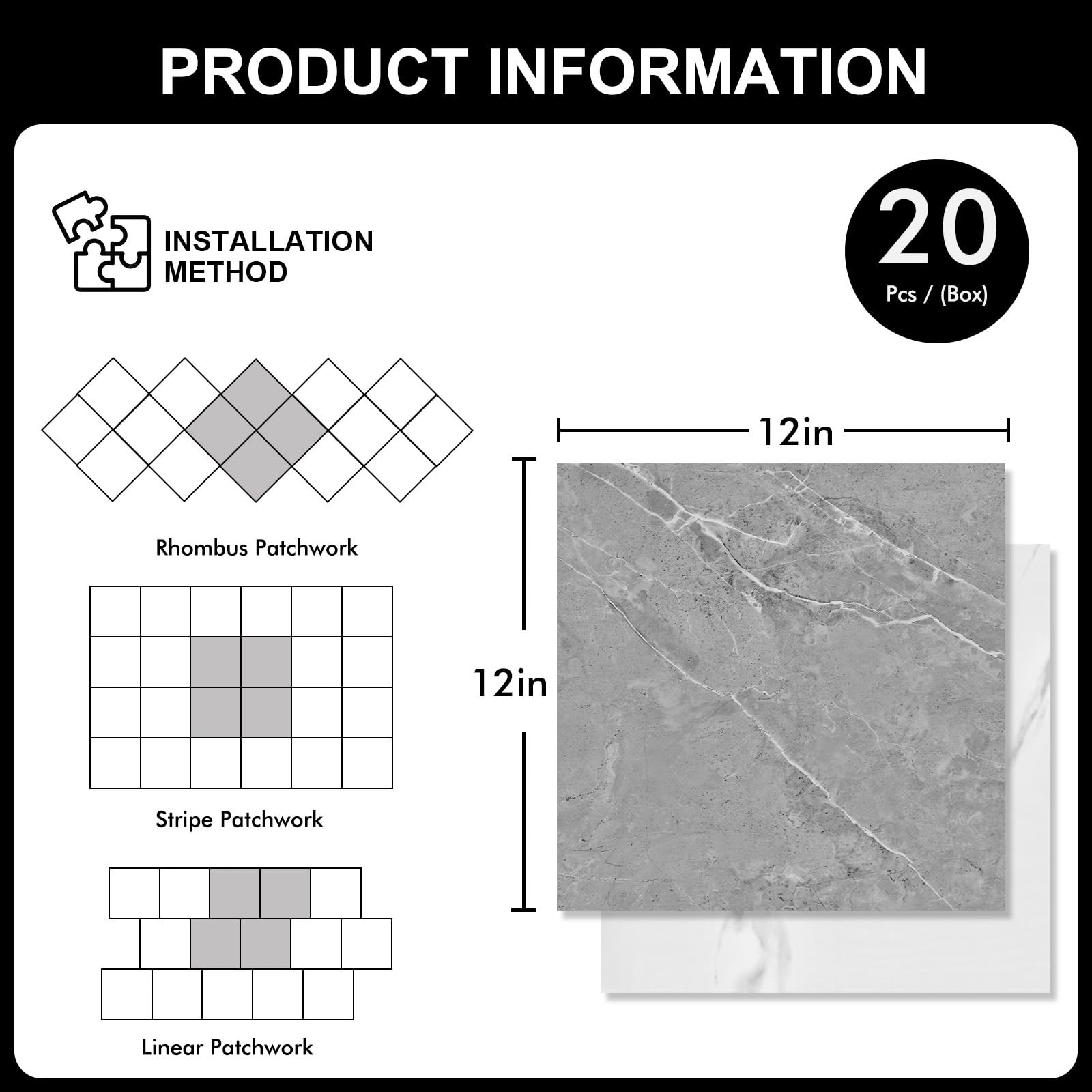 20-Pack 12″x12″ Marble Peel and Stick Floor Tiles Waterproof Self Adhesive Vi…