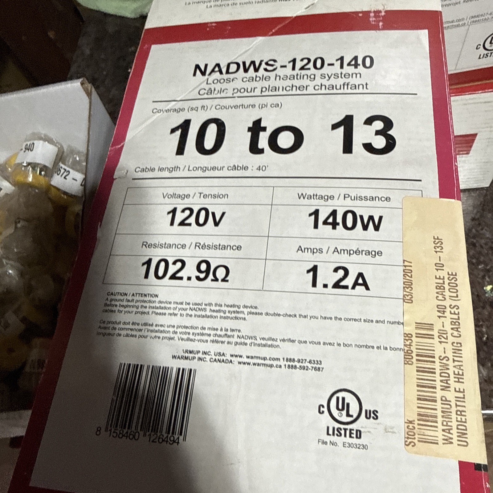 Warmup Underfloor Heating Cables Made-120-840 10-13 Square Feet