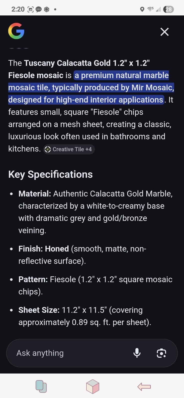 Mir Mosaic Tuscany Calacatta Gold Marble Mosaic Tile Fiesole Honed 11.2×11.5