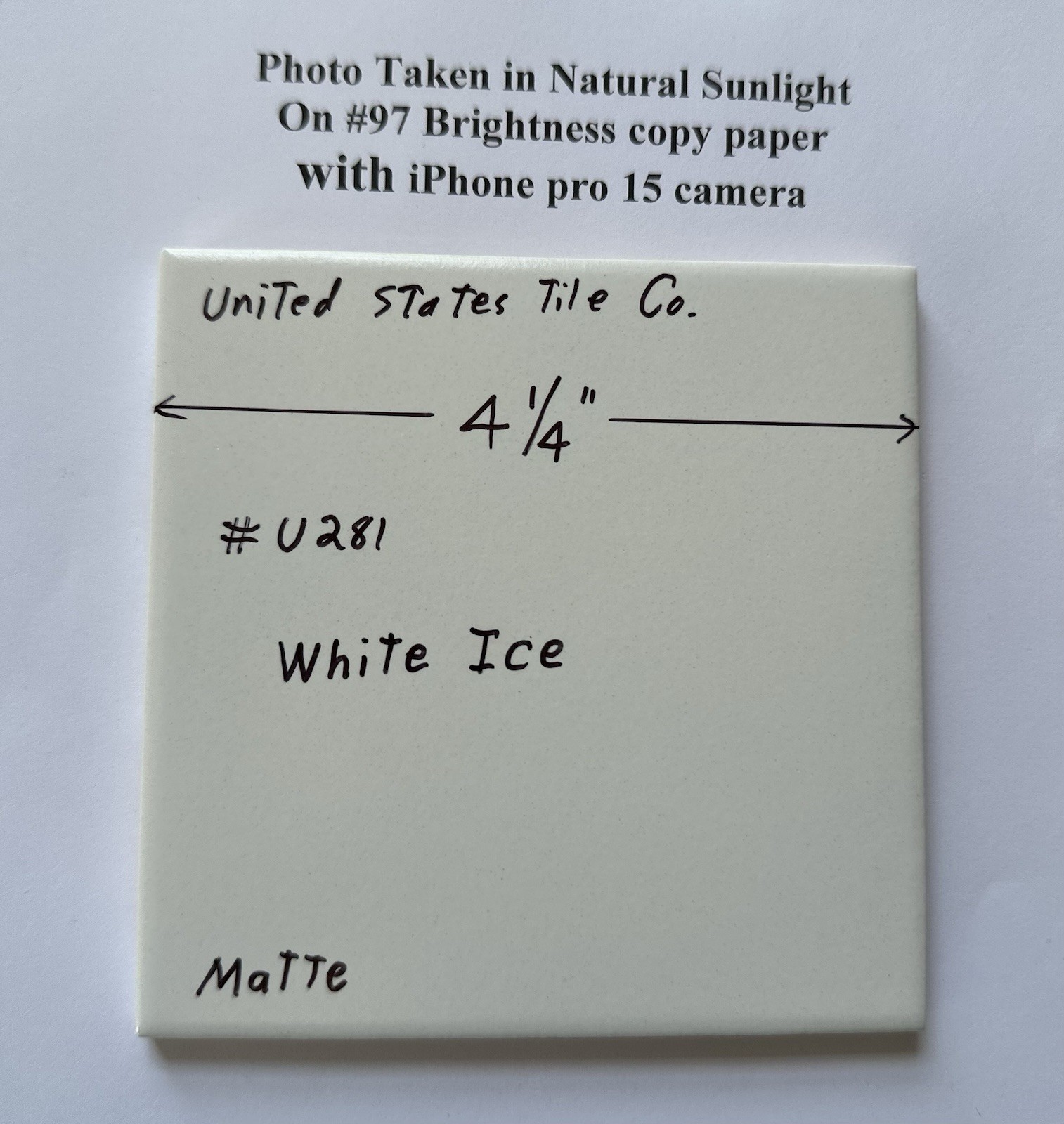 1 pc. White Ice: 4-1/4″ Matte Ceramic Tile by United States Tile Co. #U281, NEW