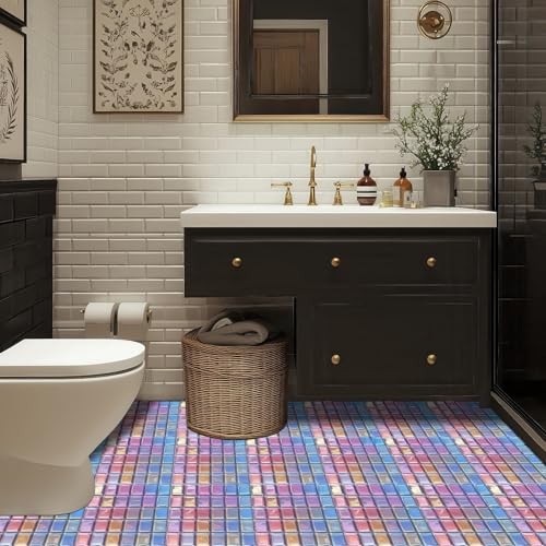 10PCS 12×12 Inch Iridescent Pink Blue Gem Look Floor Tiles Peel and Stick