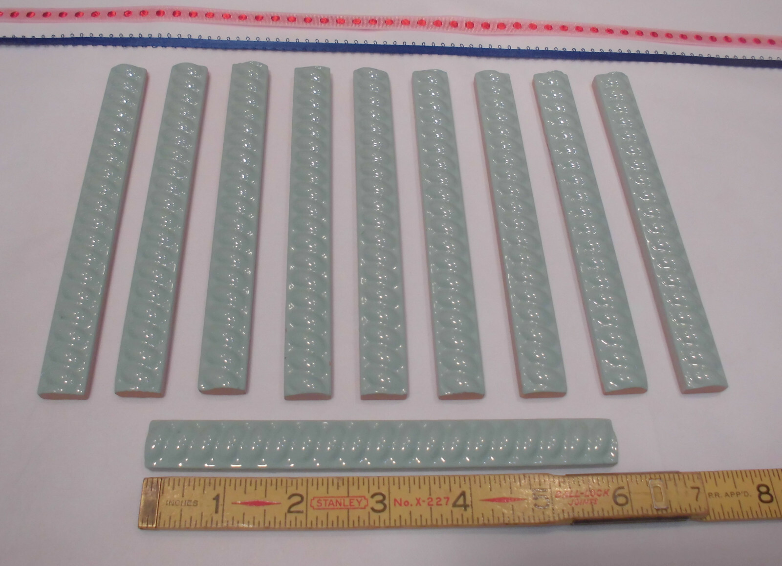 10 pcs. *Seafoam Green* Vintage Ceramic Liner-Pencil-Sizzle Tiles; 5/8″ X 6″ NOS