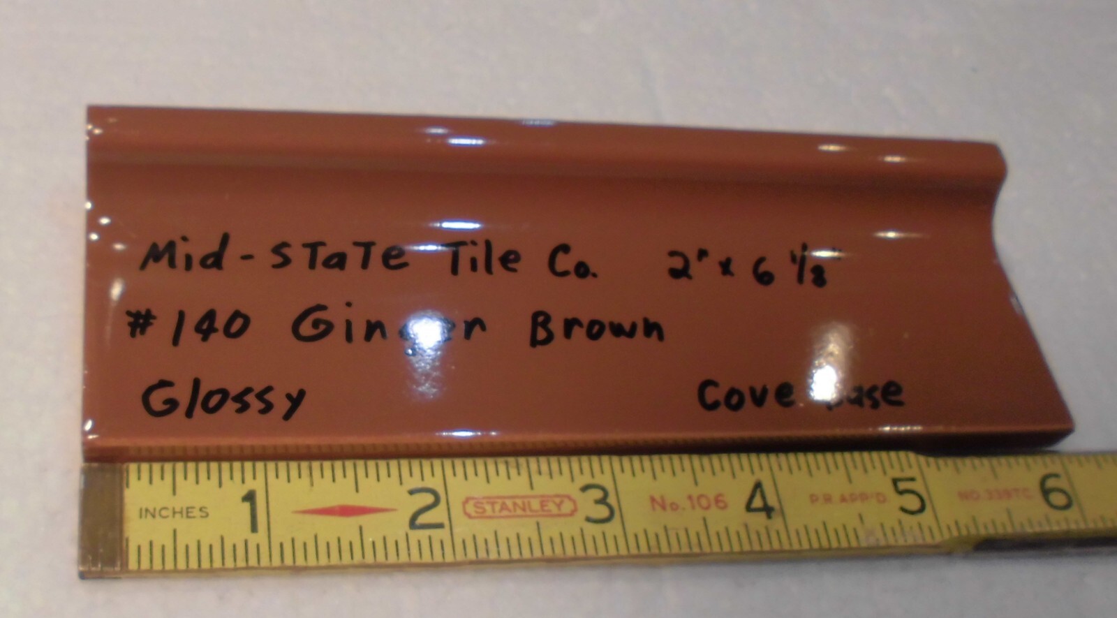 1 pc. Medium Brown: 2” X 6-1/8” Glossy Ceramic Cove Base Tile, Flat Top, NOS