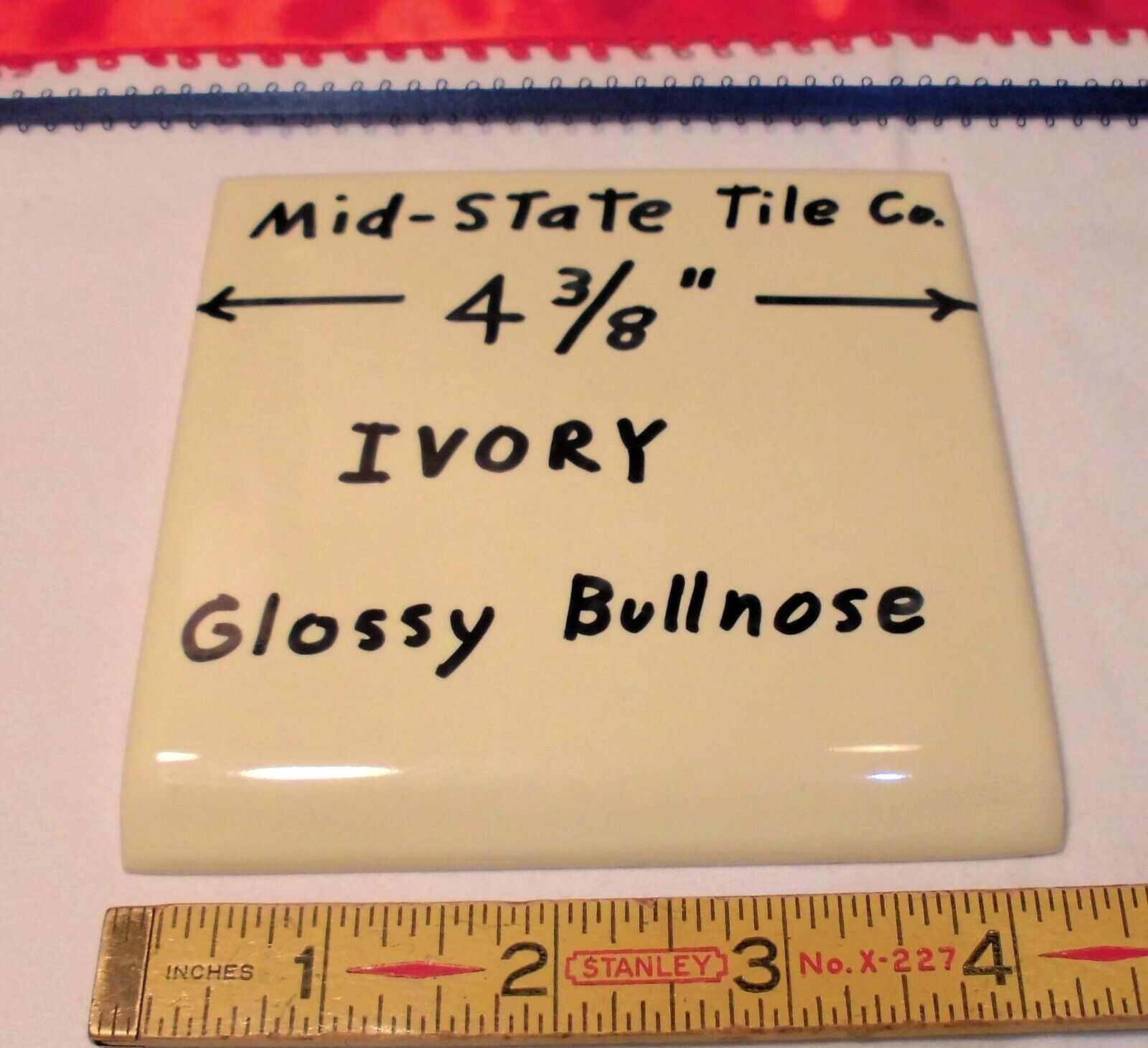 1 pc. Glossy Ceramic Bullnose Tiles *Ivory* 4-3/8″ by Mid-State Tile Co. New