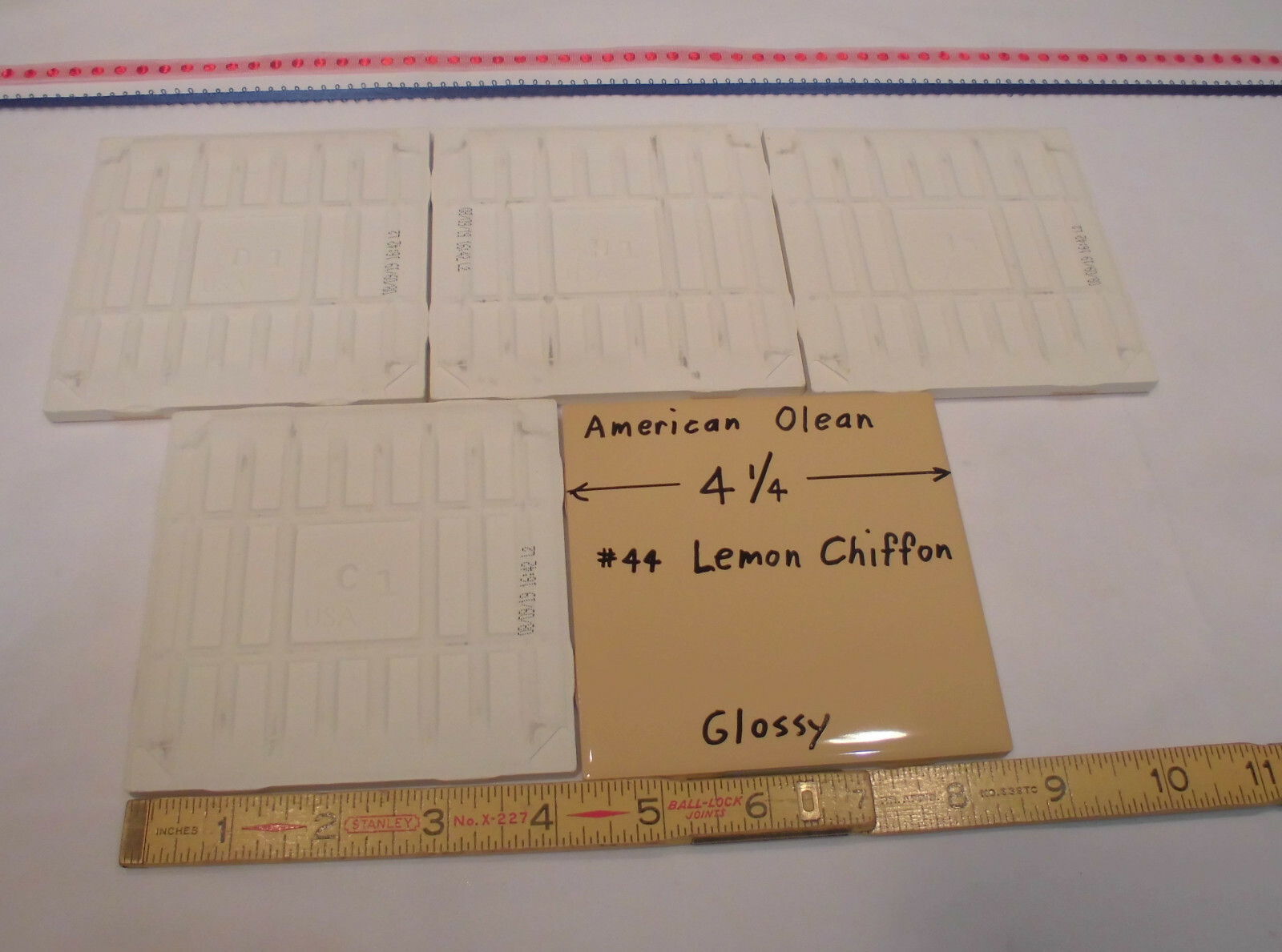 5 pcs. Glossy Ceramic Tiles *Lemon Chiffon #44* by American Olean 4-1/4″ Mustard