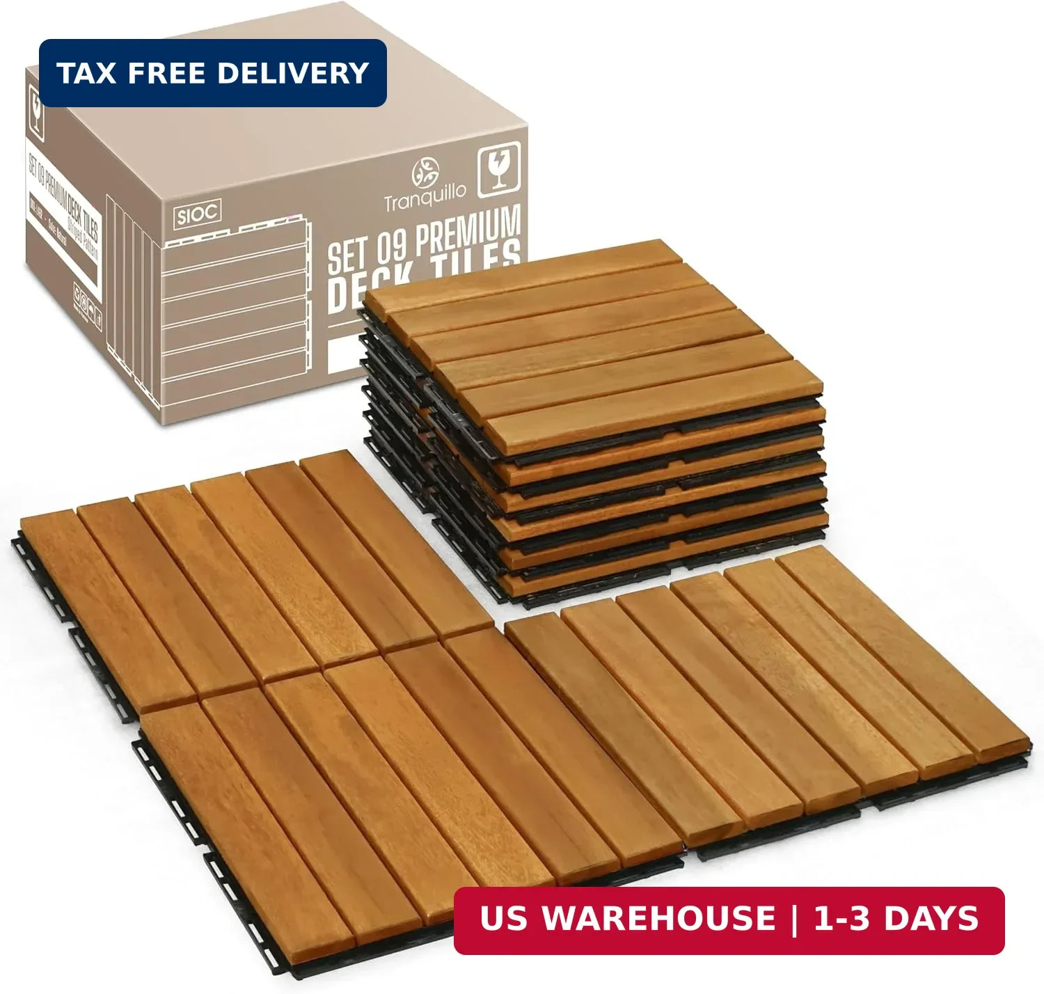 Tranquillo Interlocking Deck Tiles 12″x12″, Acacia Wood Patio Tiles, Waterproof