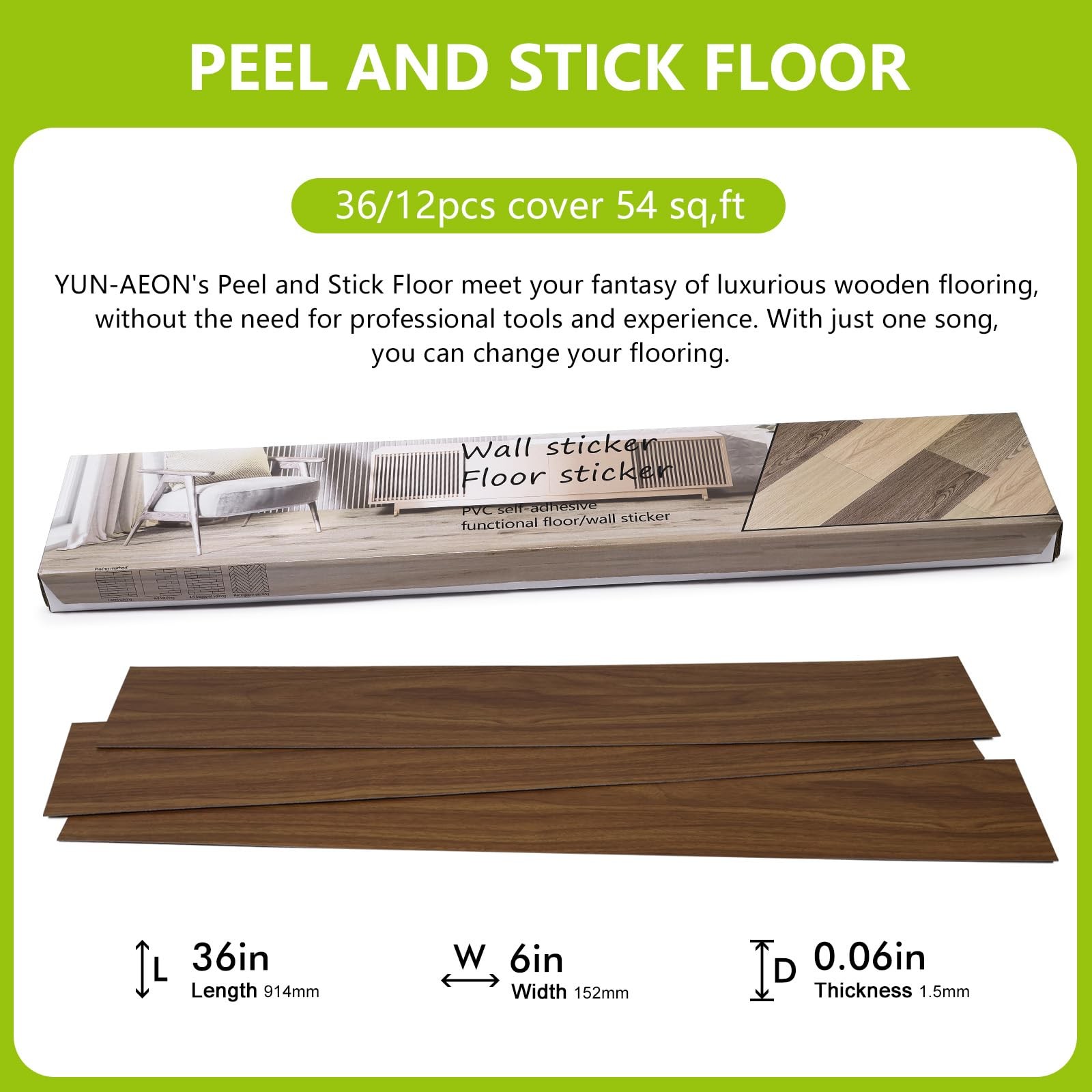 12 PC 18 Sq Ft Peel And Stick Floor Tile Brown Wood Grain Vinyl Living Room