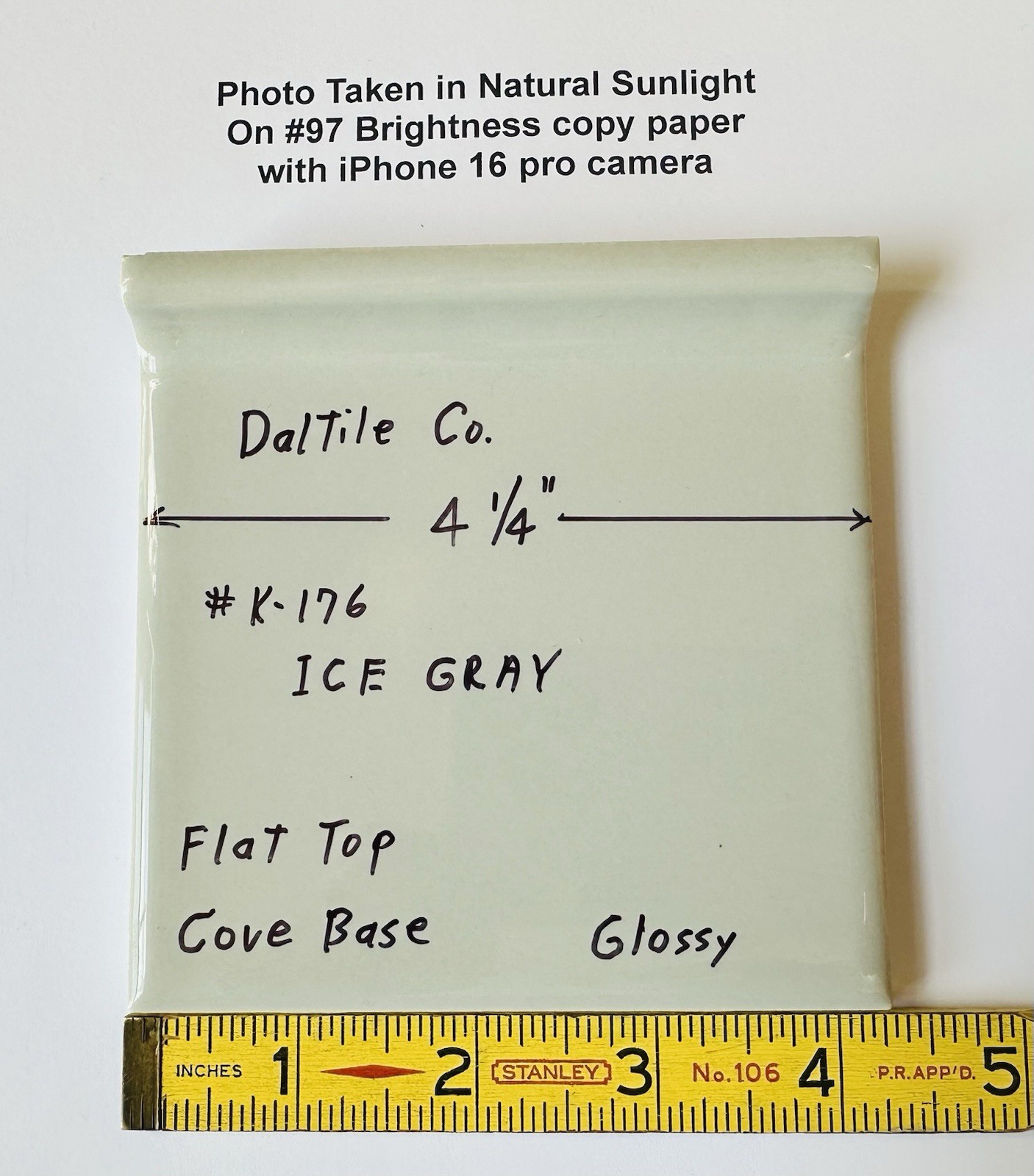 1 pc. Gloss Ice-Gray: stack-on-top Cove Base Ceramic Tile, 4-1/4″ by Daltile NEW