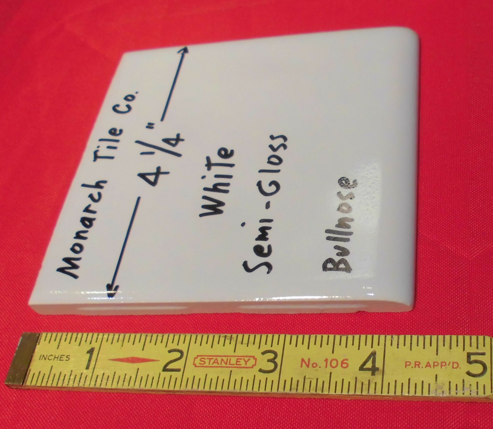 1 pc. Bumpy White Glossy Ceramic Tile 4-1/4″ Thumb-Like Bumps; Monarch; Bullnose