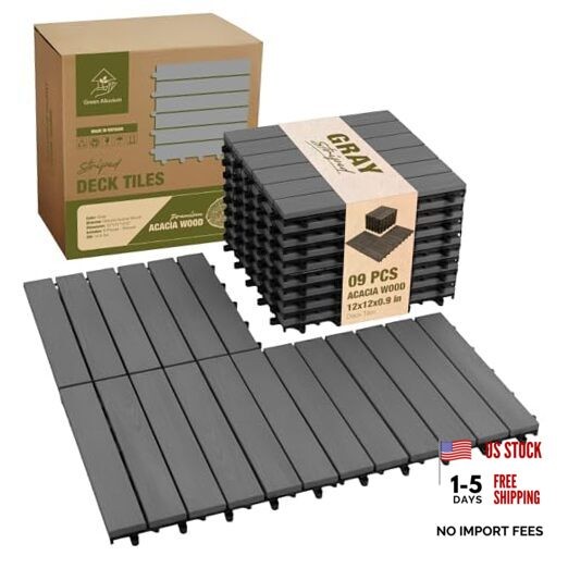 Premium Acacia Wood Interlocking Deck Tiles, 9 PCS 12″x12″x0.9″ Gray – Striped