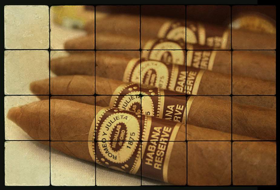 24×16 Romeo Juliet Cigar Still Life Tumbled Marble Tiles for Smoke Rooms, Bars