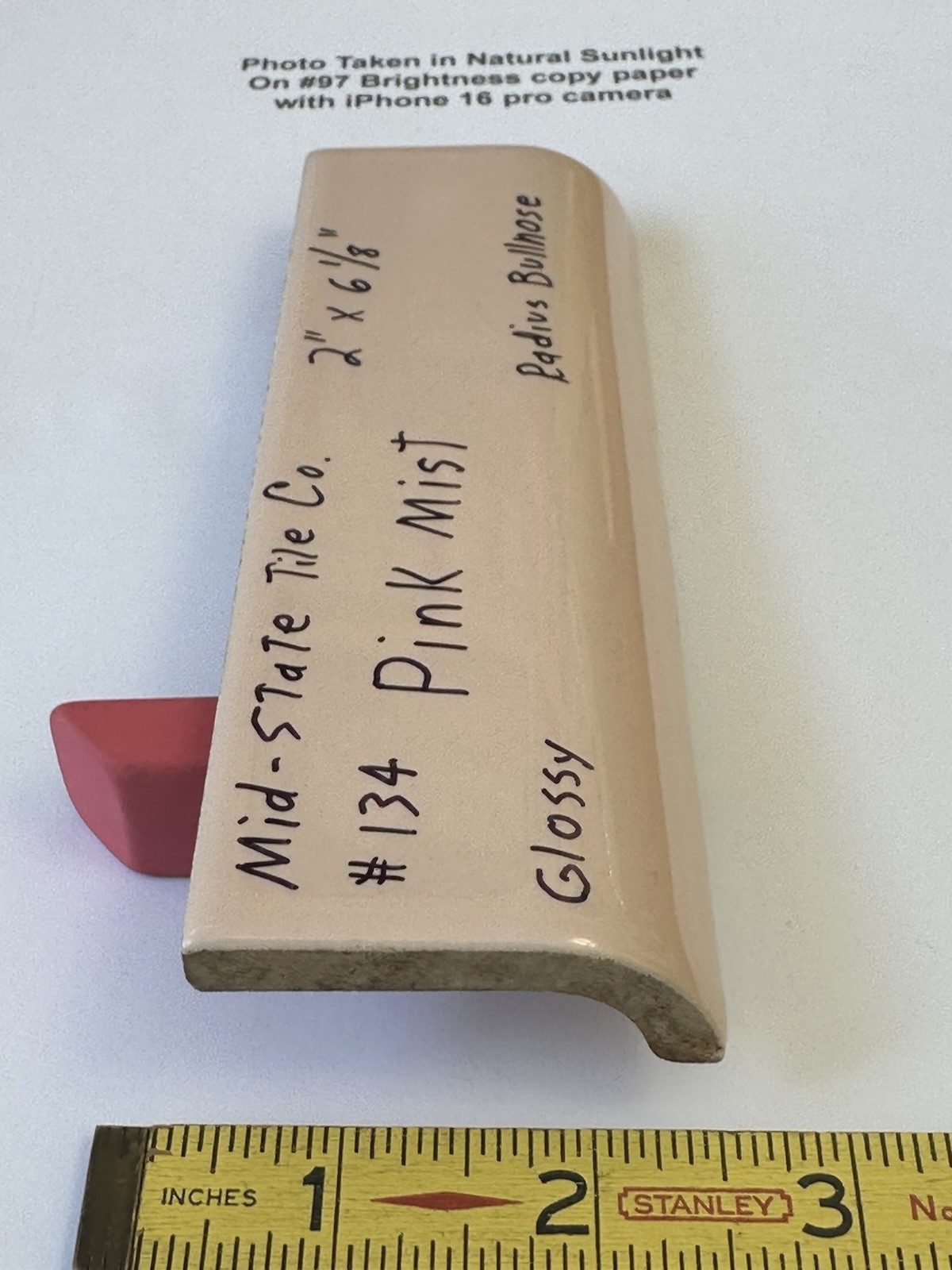 1pc. Peachy Pink Mist: 2″ X 6″ Ceramic Radius Mud Cap Bullnose Tile, NOS
