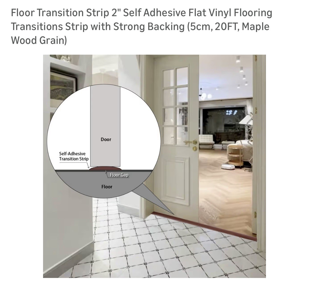 Floor Transition Strip 2” Self Adhesive Flat Vinyl . 5cm, 20Ft. Maple Wood Grain